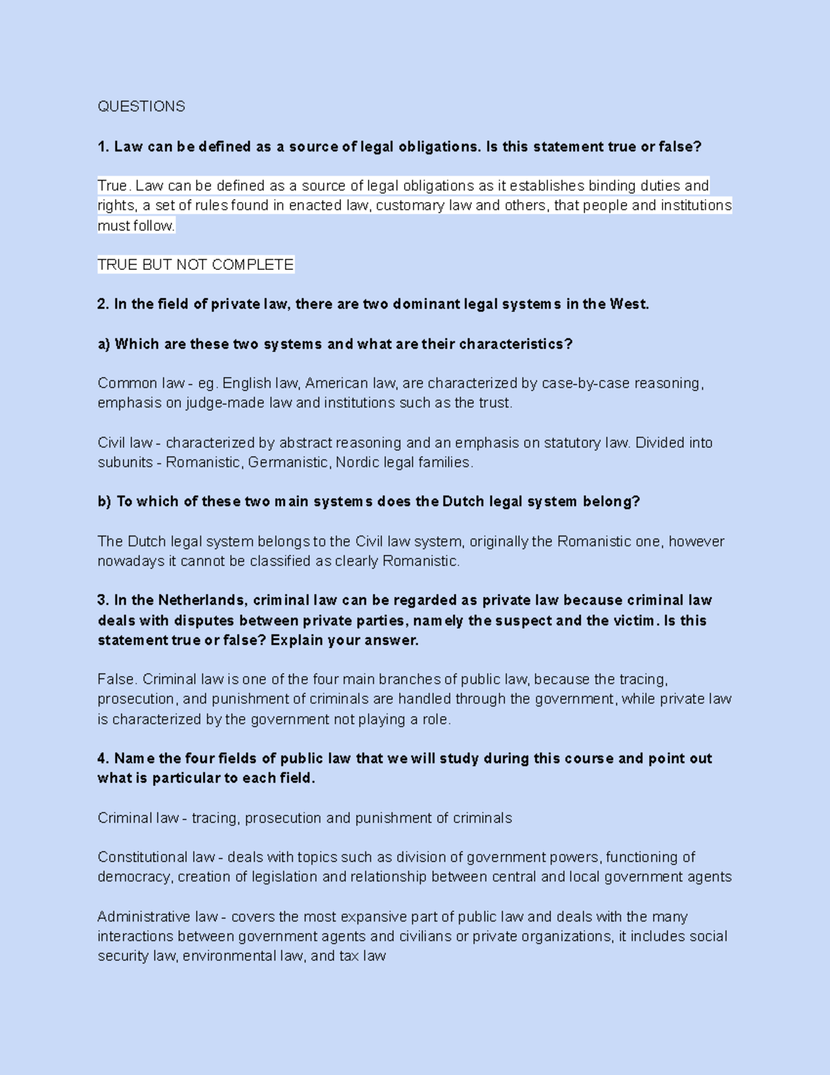 Questions Week 1 - WG1: Understanding Dutch Law Principles - Studeersnel
