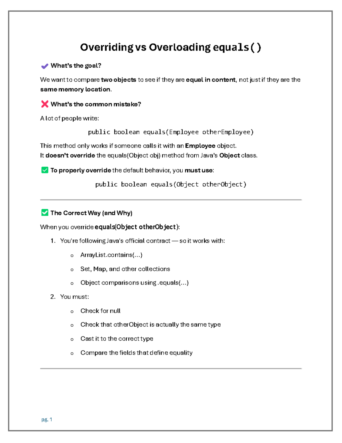 Lecture Notes 2025: Overriding vs Overloading equals() Method - Studocu