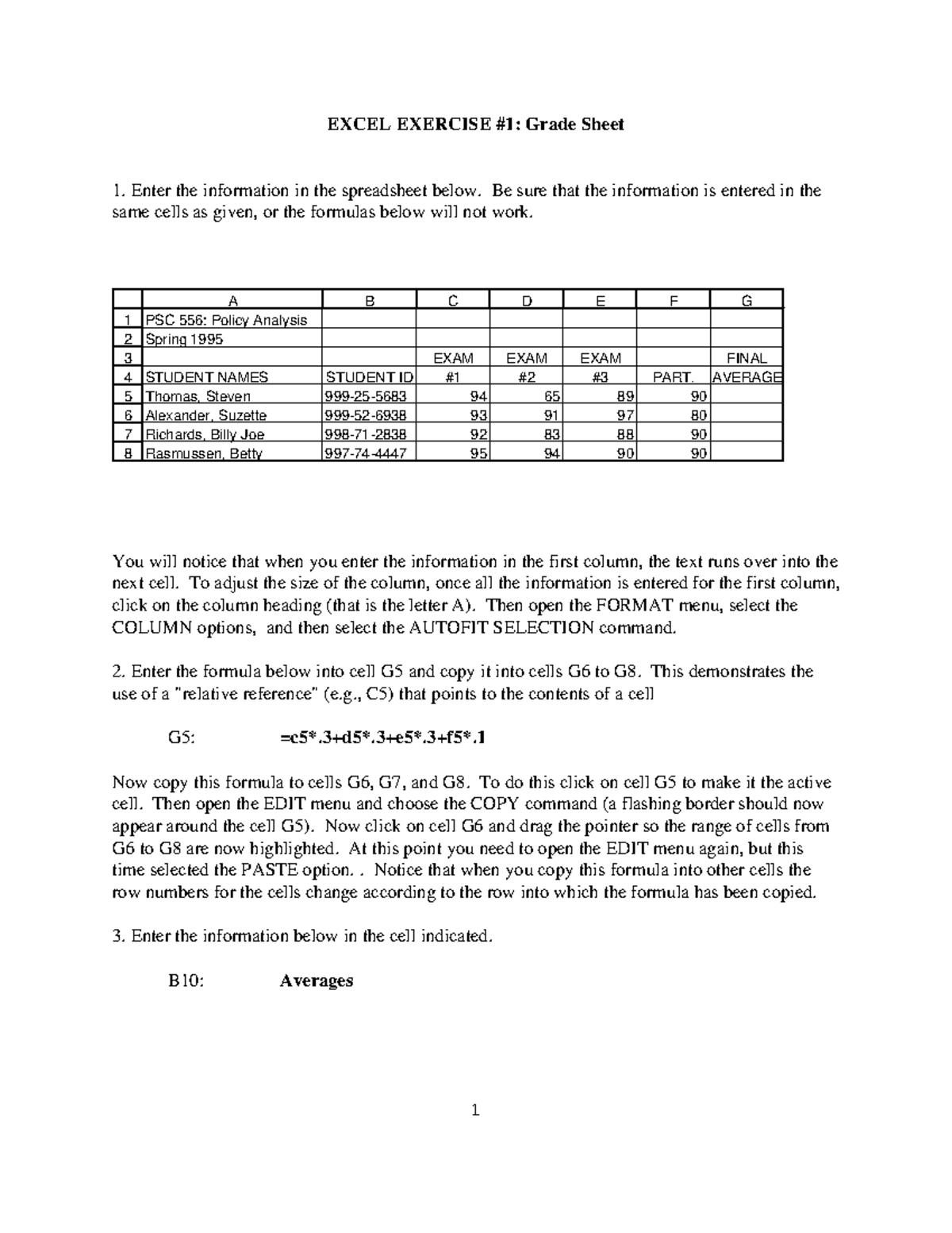 Exer1 excel worksheet grade sheet - 1 EXCEL EXERCISE #1: Grade Sheet ...