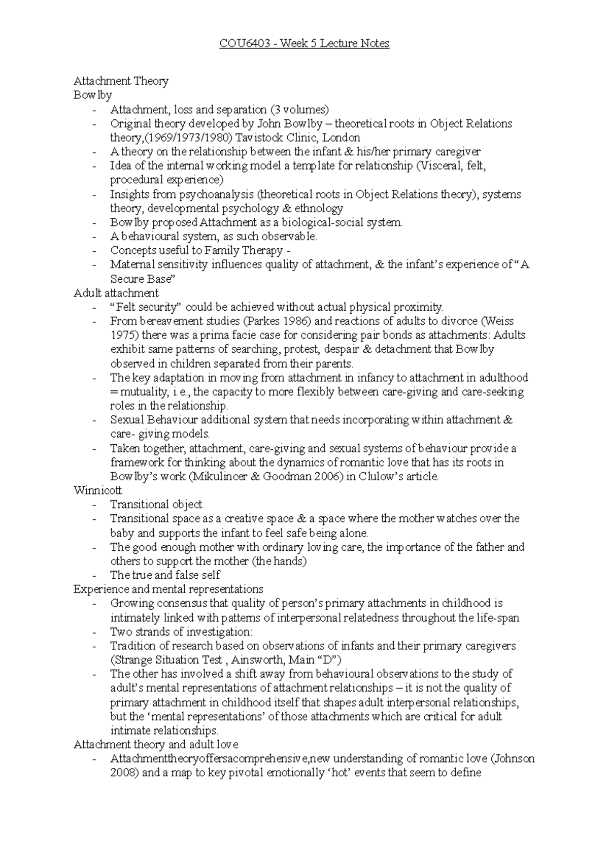 COU6403 - Week 5 Lecture Notes on Attachment Theory and Couples Therapy ...