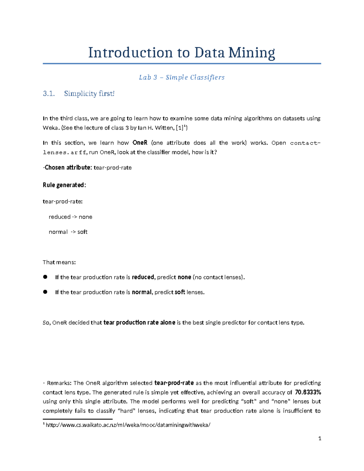 Data Mining Lab 3: Exploring Simple Classifiers with Weka - Studocu