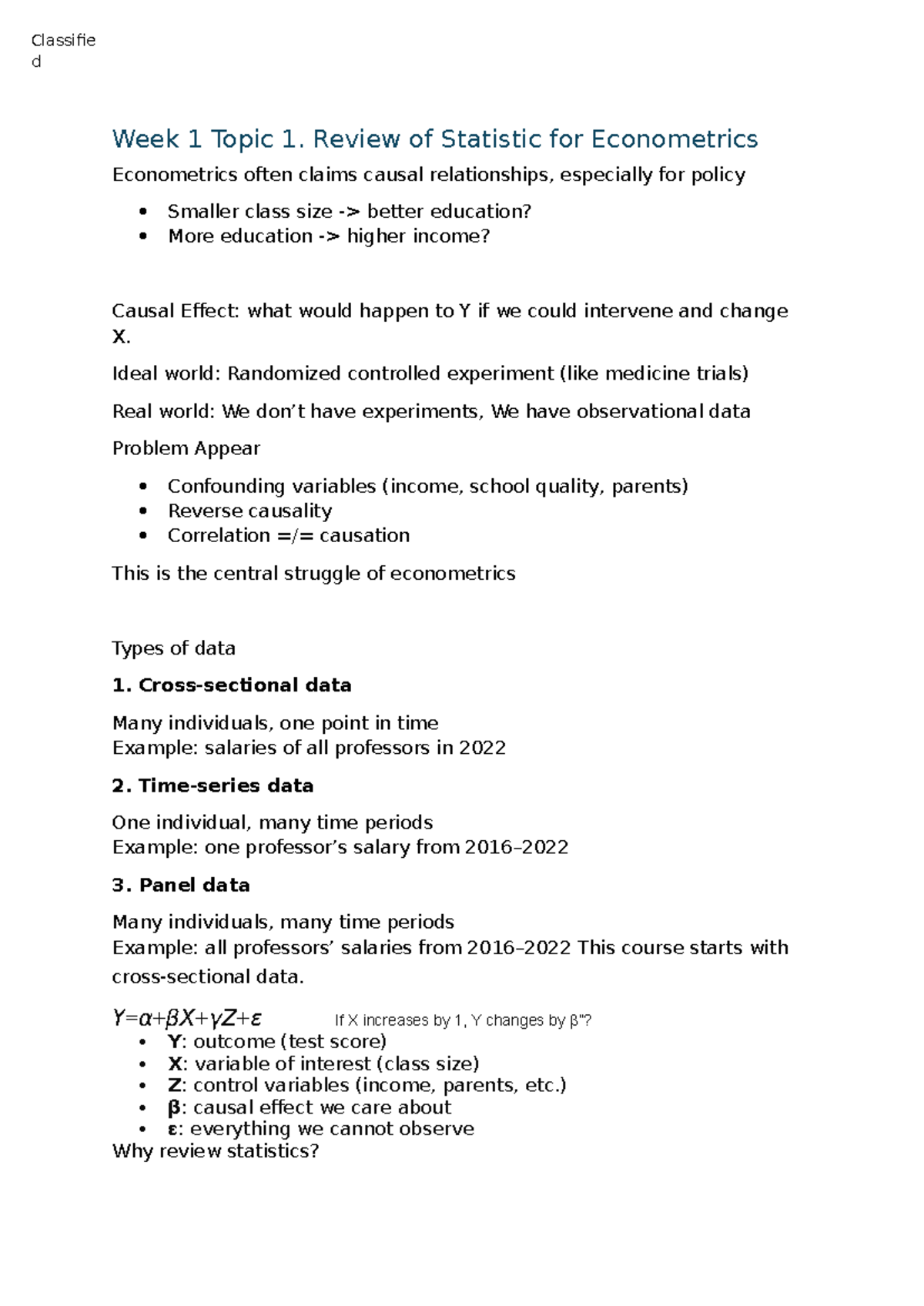Econome 101: Week 1 Lecture Notes - Review of Statistics for ...