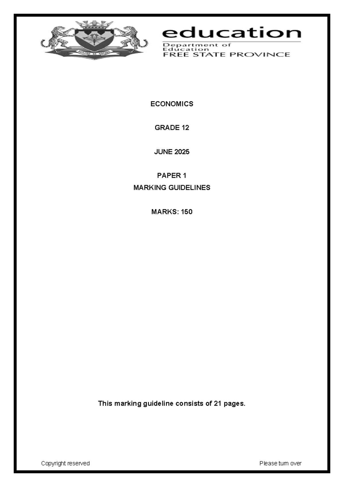 Economics Grade 12 June 2025 Paper 1 Marking Guidelines - Studocu