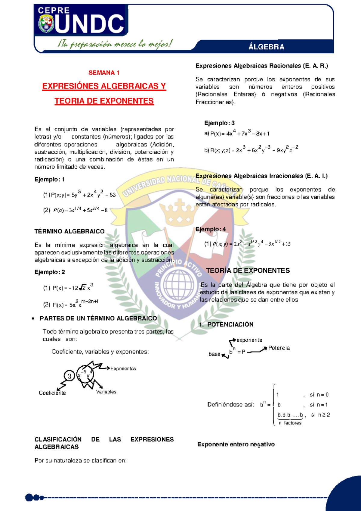 Compendio de Álgebra: Expresiones Algebraicas y Teoría de Exponentes ...