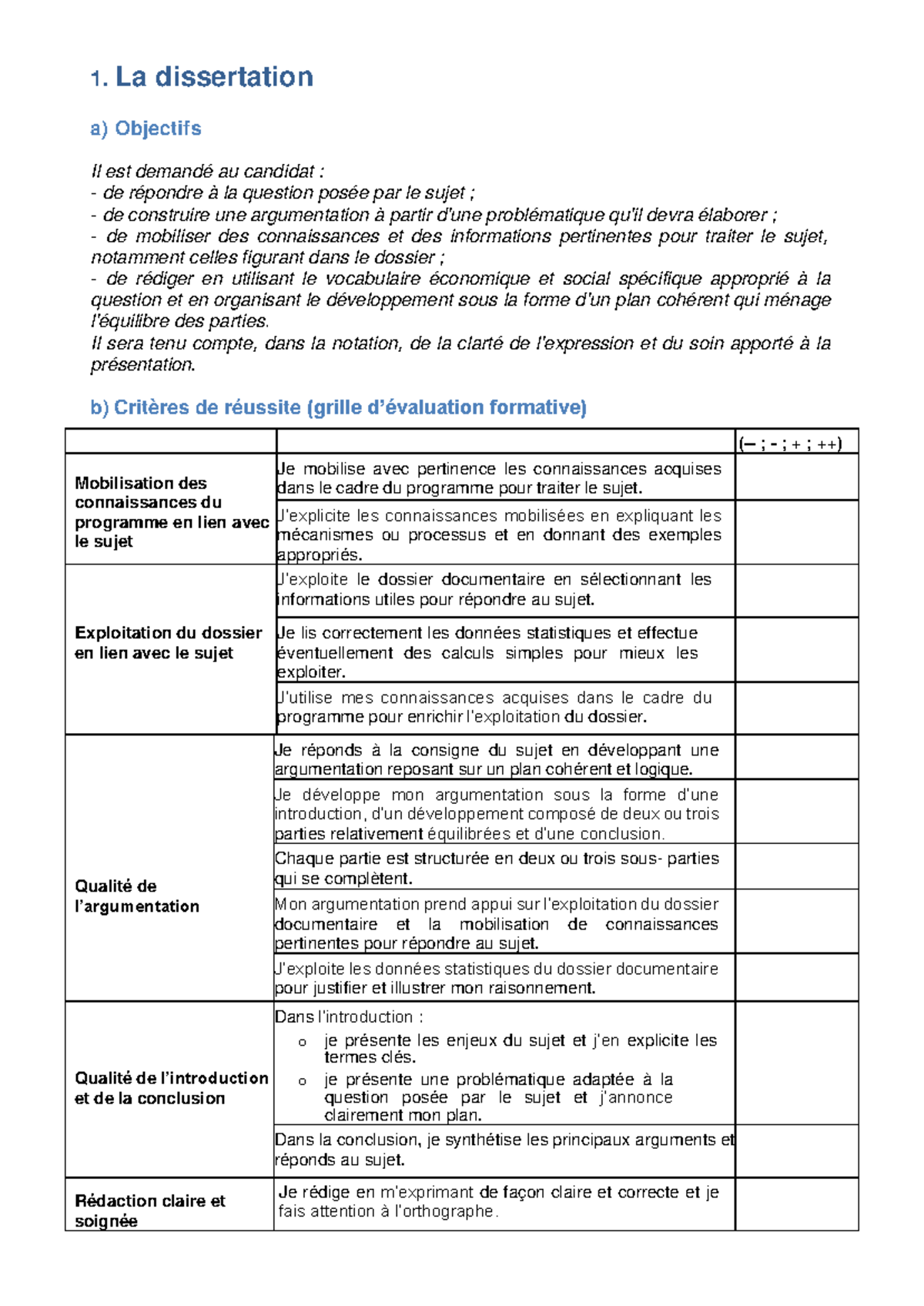 Baccalauréat - Grille d'Évaluation Formative pour la Dissertation - Studocu