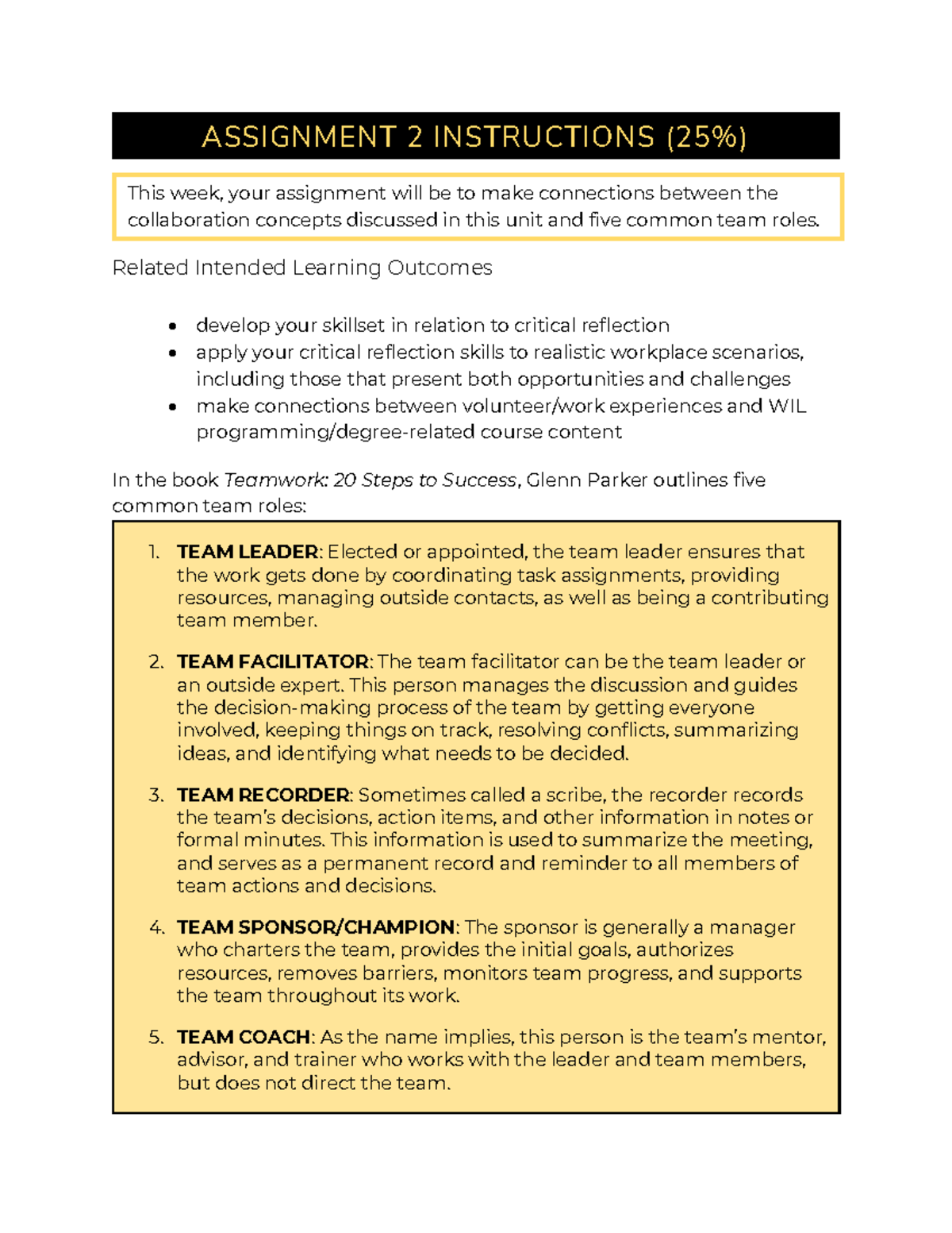 Assignment 2: Team Roles & Collaboration Reflection (WIL) - Studocu