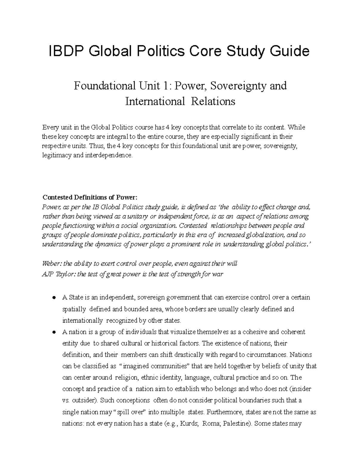 IBDP Global Politics Study Guide: Power, Sovereignty, & Intl Relations - Document Preview