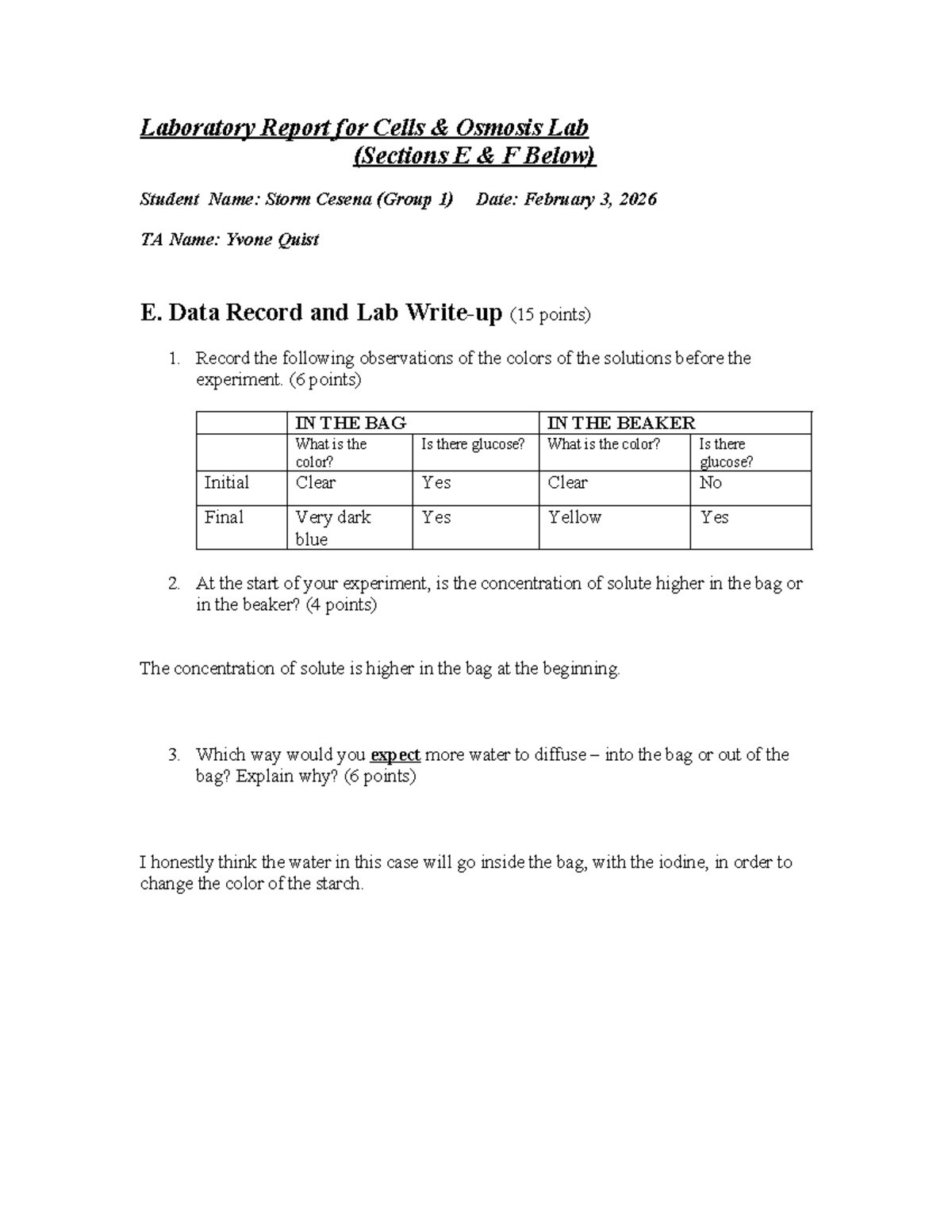 Cells Osmosis Lab Report (Sections E & F) - Diffusion Analysis - Studocu