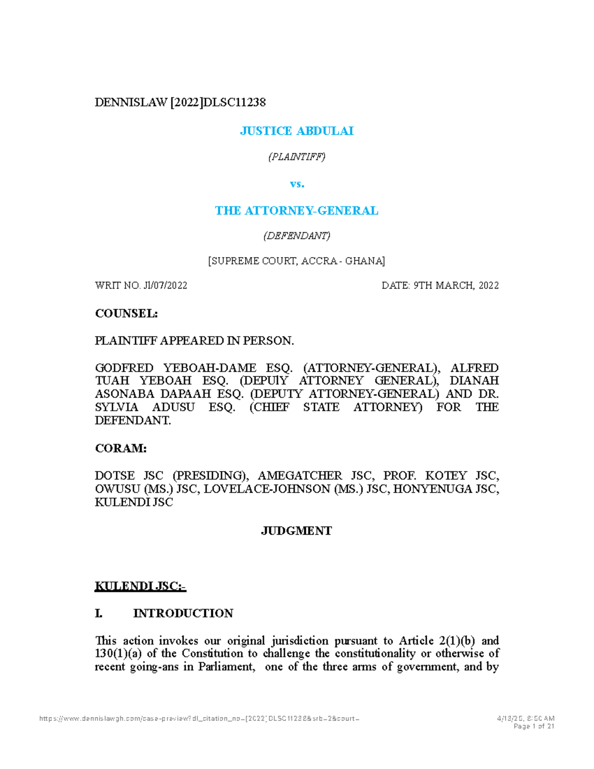 Justice Abdulai v. AG: Constitutional Interpretation of Parliamentary ...