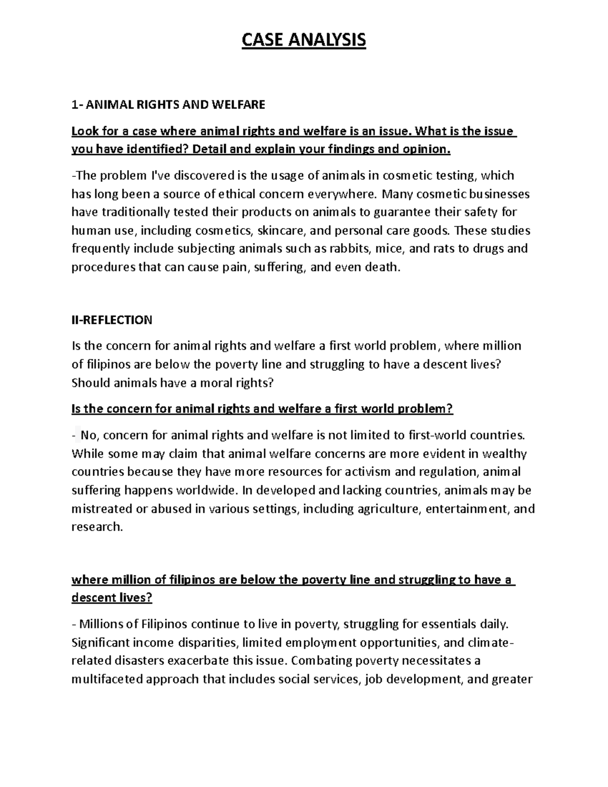 CASE Study: Ethical Concerns in Animal Rights & Welfare Issues - Studocu