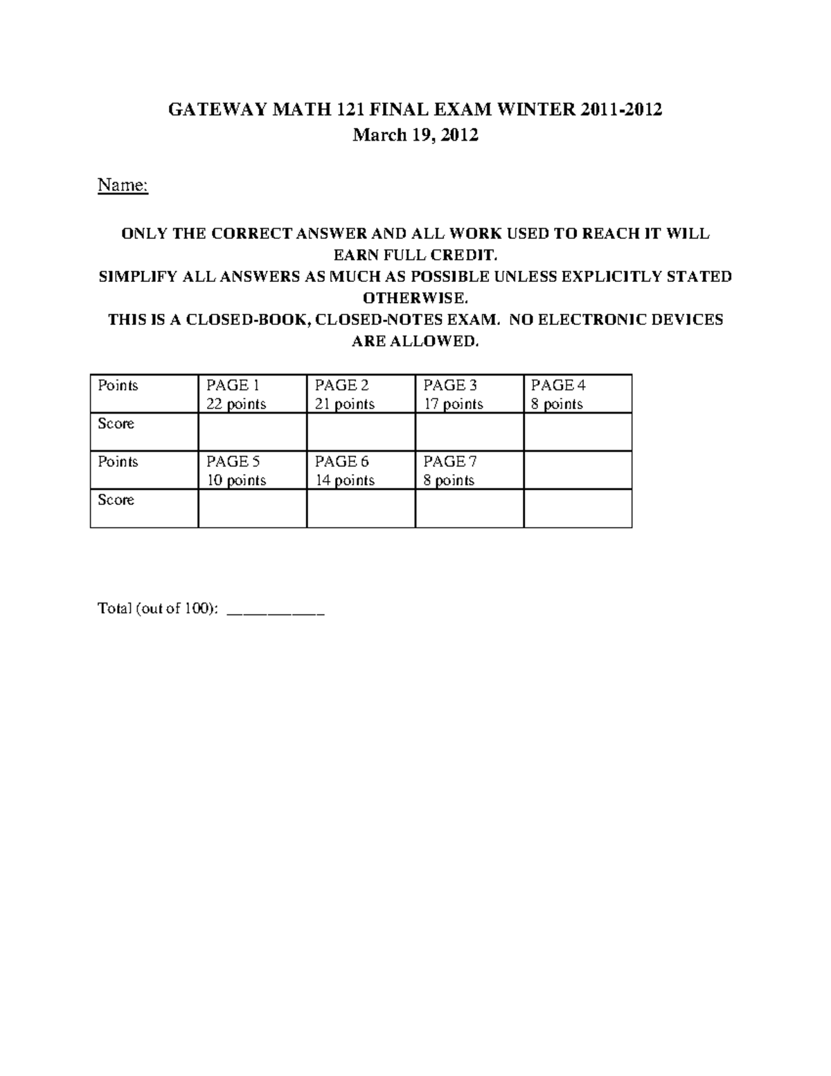 Math 121 Winter 2011 Gateway Final Exam Questions & Solutions - Studocu