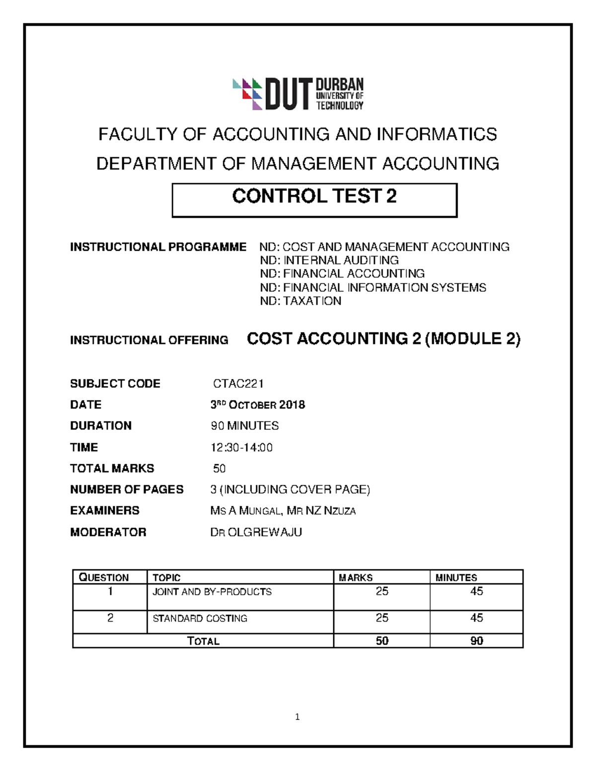 Control Test 2 Questions for COST Accounting (CTAC) - 3rd Oct 2018 ...