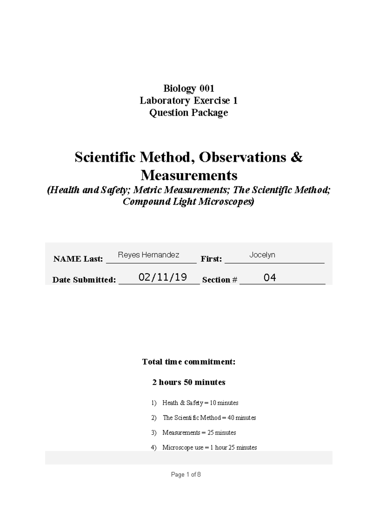Biology 001: Lab 1 - Exploring the Scientific Method & Measurements ...