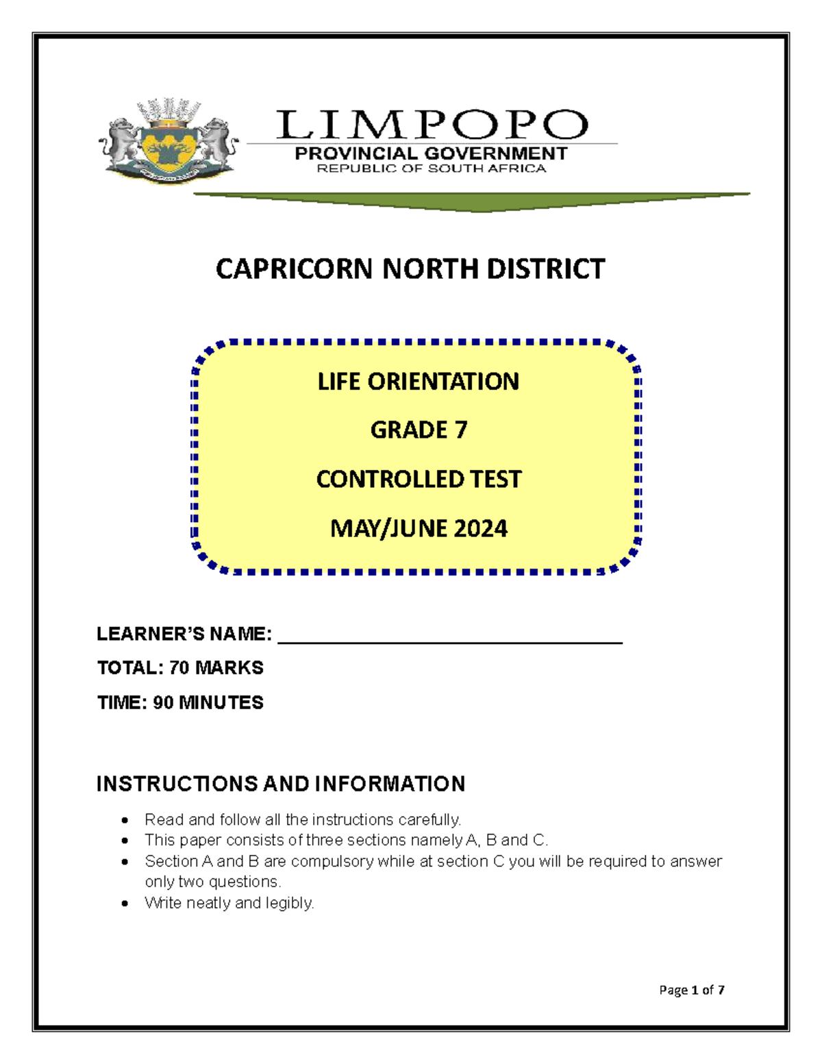 LIFE ORIENTATION GRADE 7 CONTROLLED TEST 2024 - TERM 2 QUESTION PAPER ...