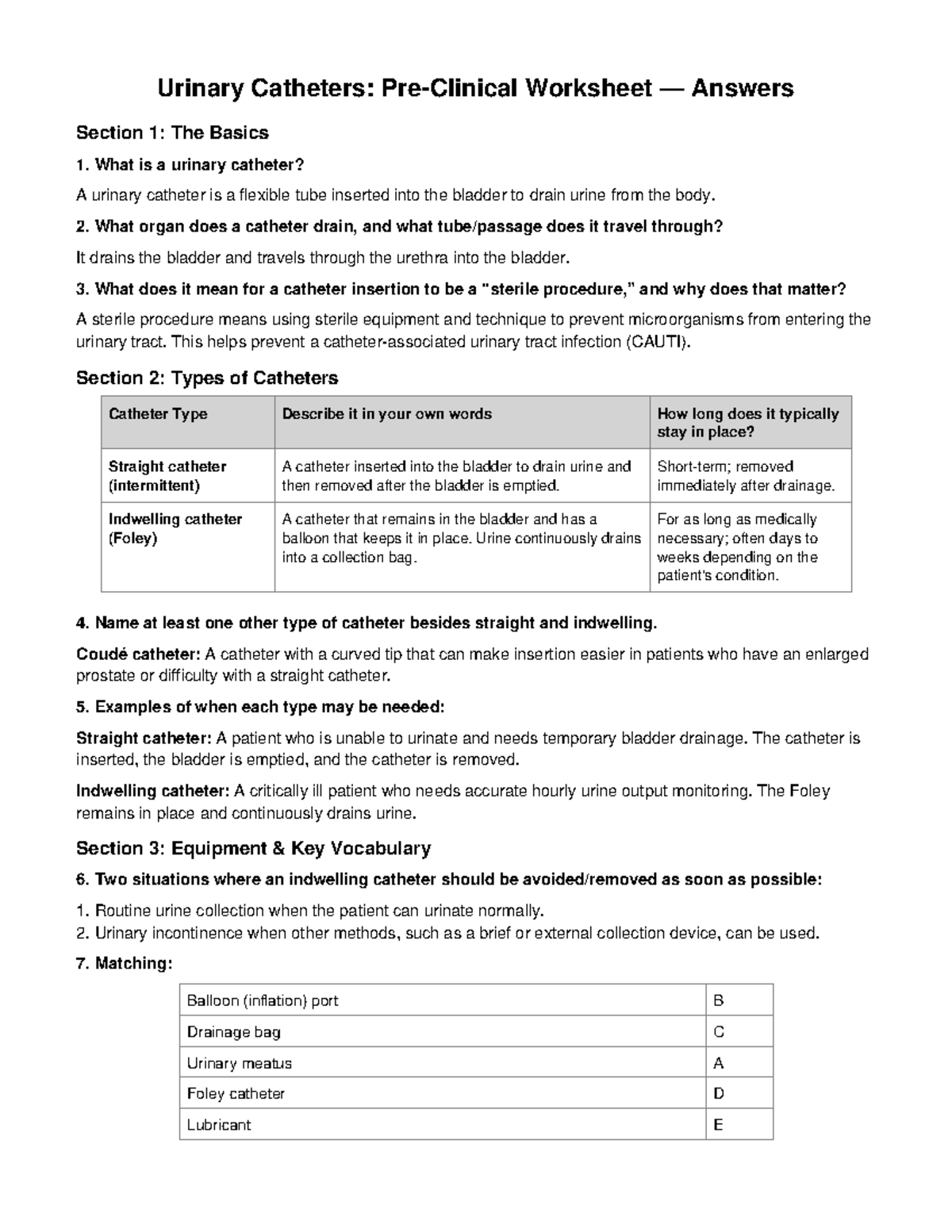 Urinary Catheters: Preclinical Worksheet Answers & Basics - Studocu