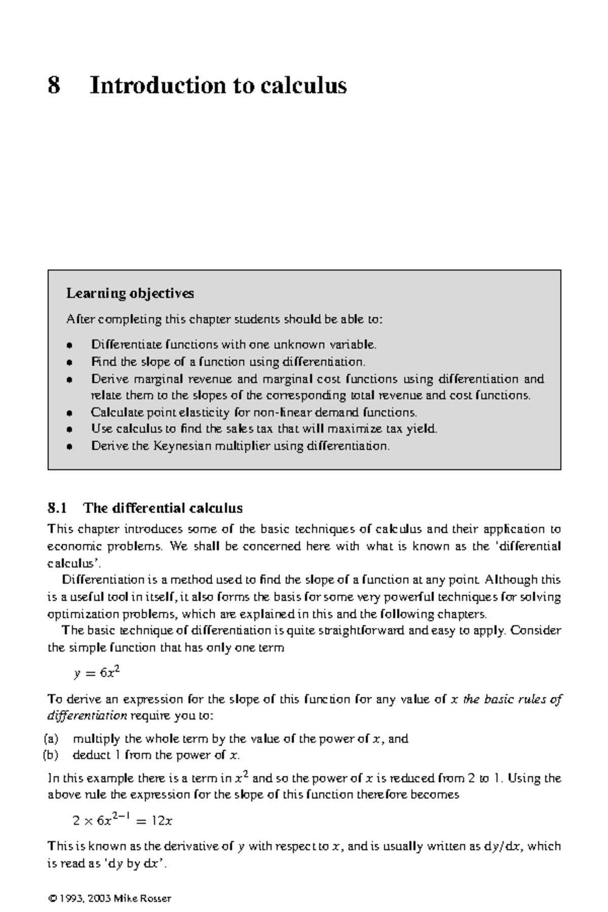 Rosser 2003 chap8 - 8 Introduction to calculus Learning objectives ...