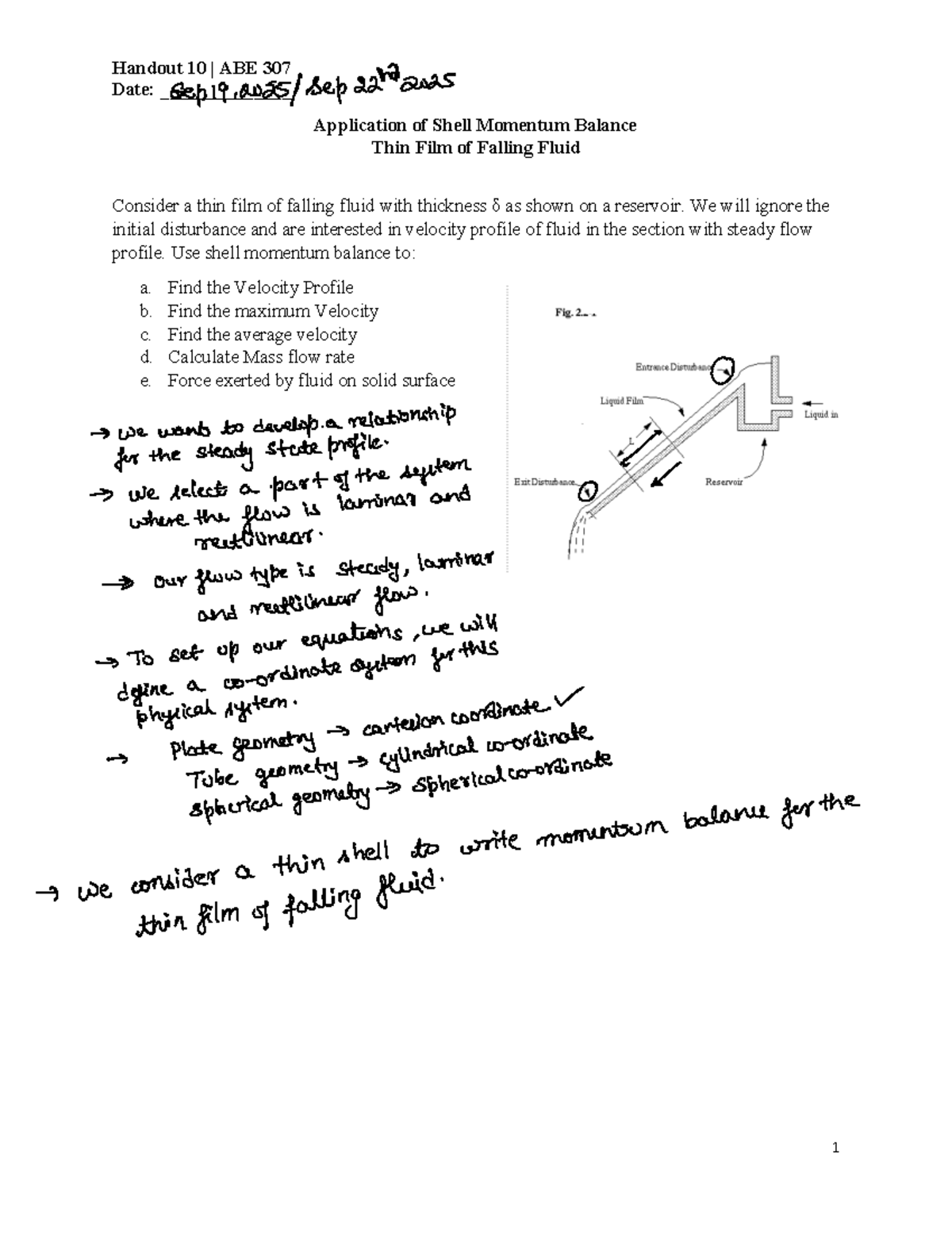 ABE 307 Handout 10: Shell Momentum Balance in Falling Fluid Film - Studocu