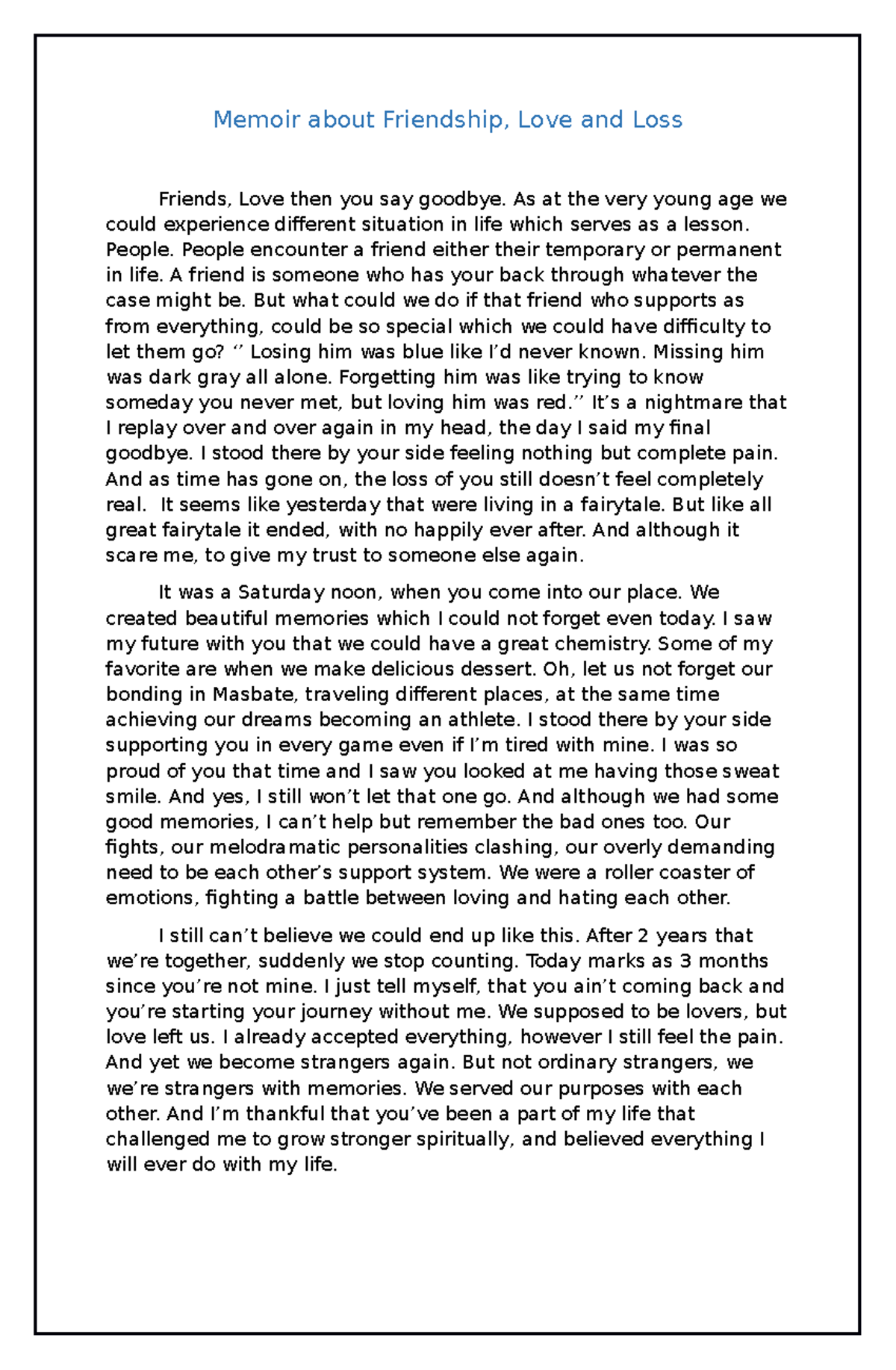 Humss 2 - Memoir - Memoir about Friendship, Love and Loss Friends, Love ...