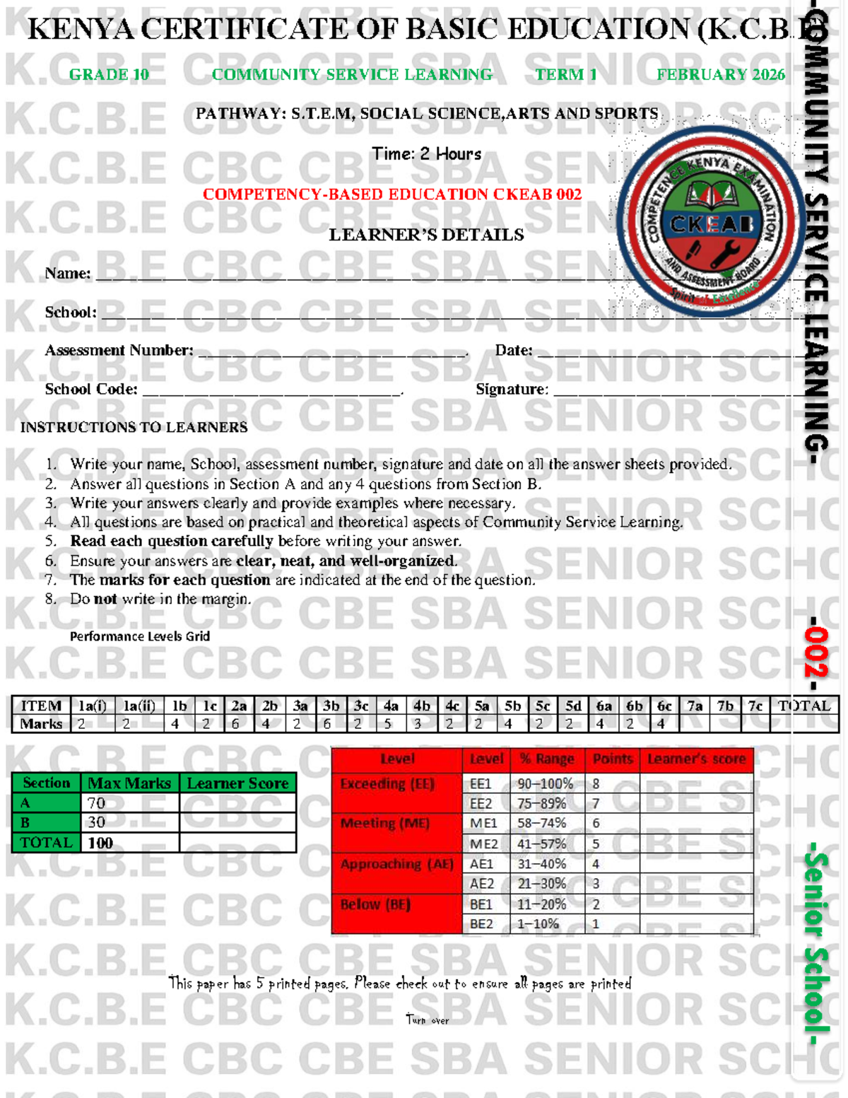 Grade 10 Community Service Learning (CSL) Exam - February 2026 - Studocu