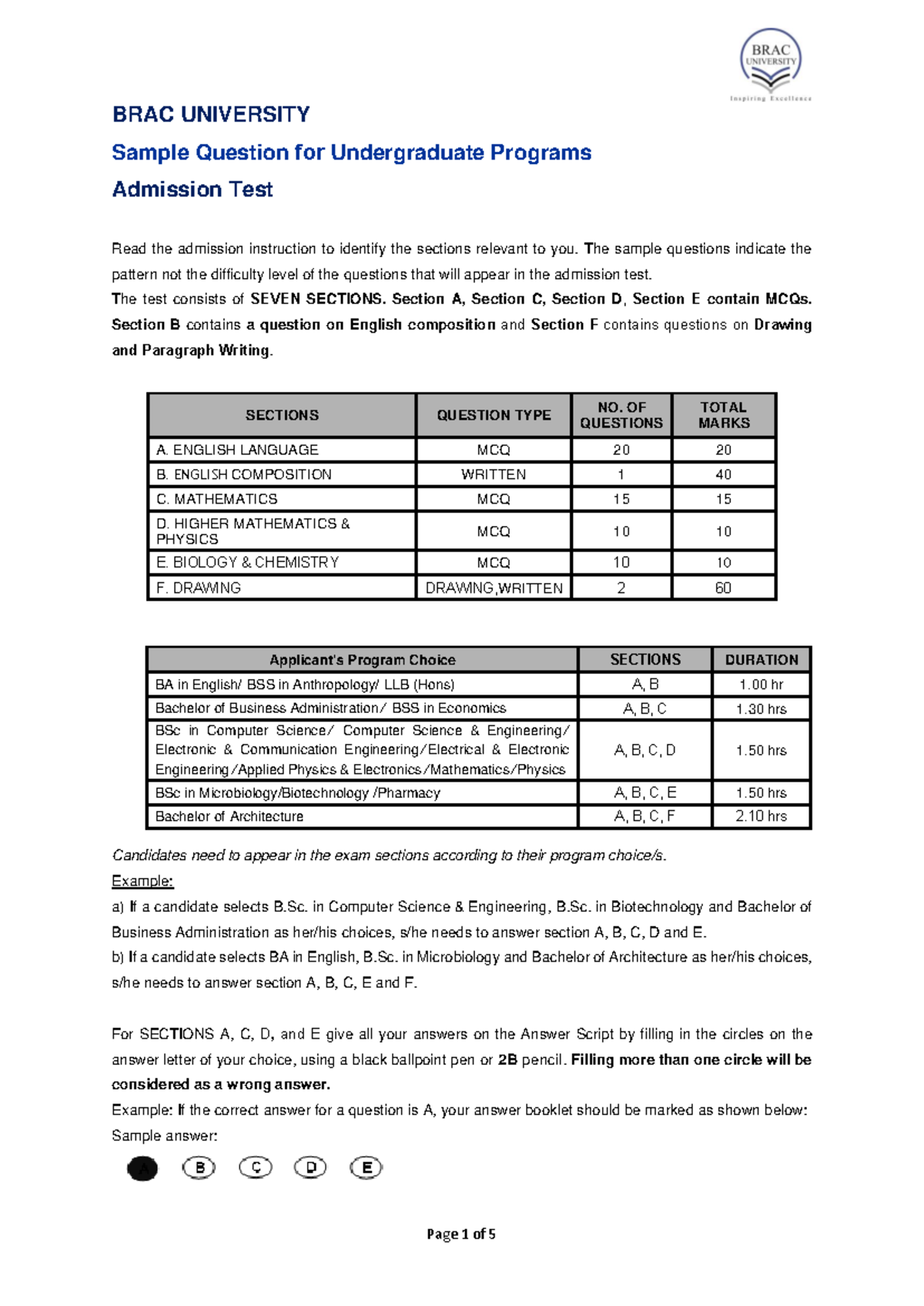 Sample Question UG Updated from Summer 2023 6 Mar 23 - BRAC UNIVERSITY ...