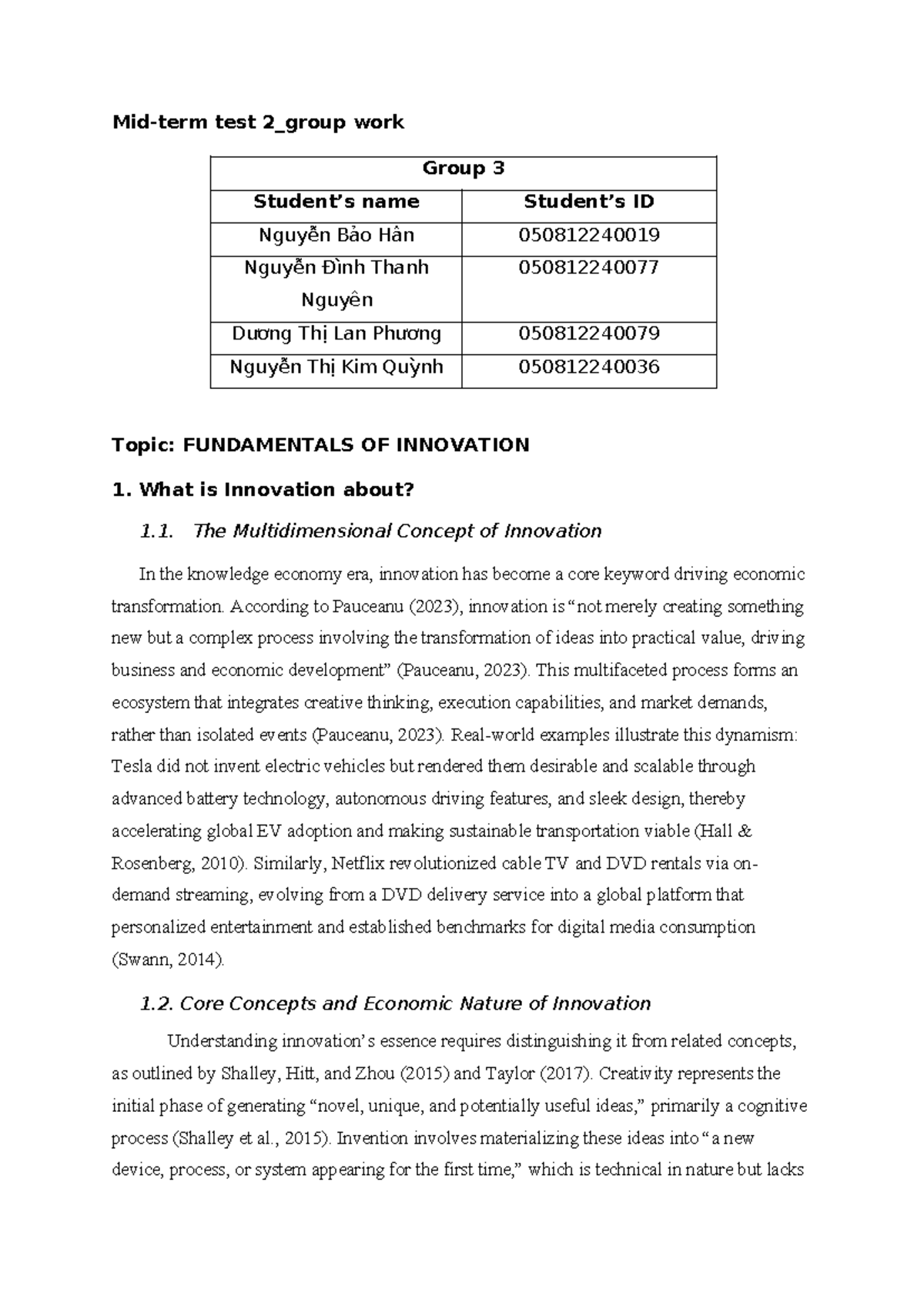 Midterm Test 2 Group Work: Fundamentals of Innovation Analysis - Studocu