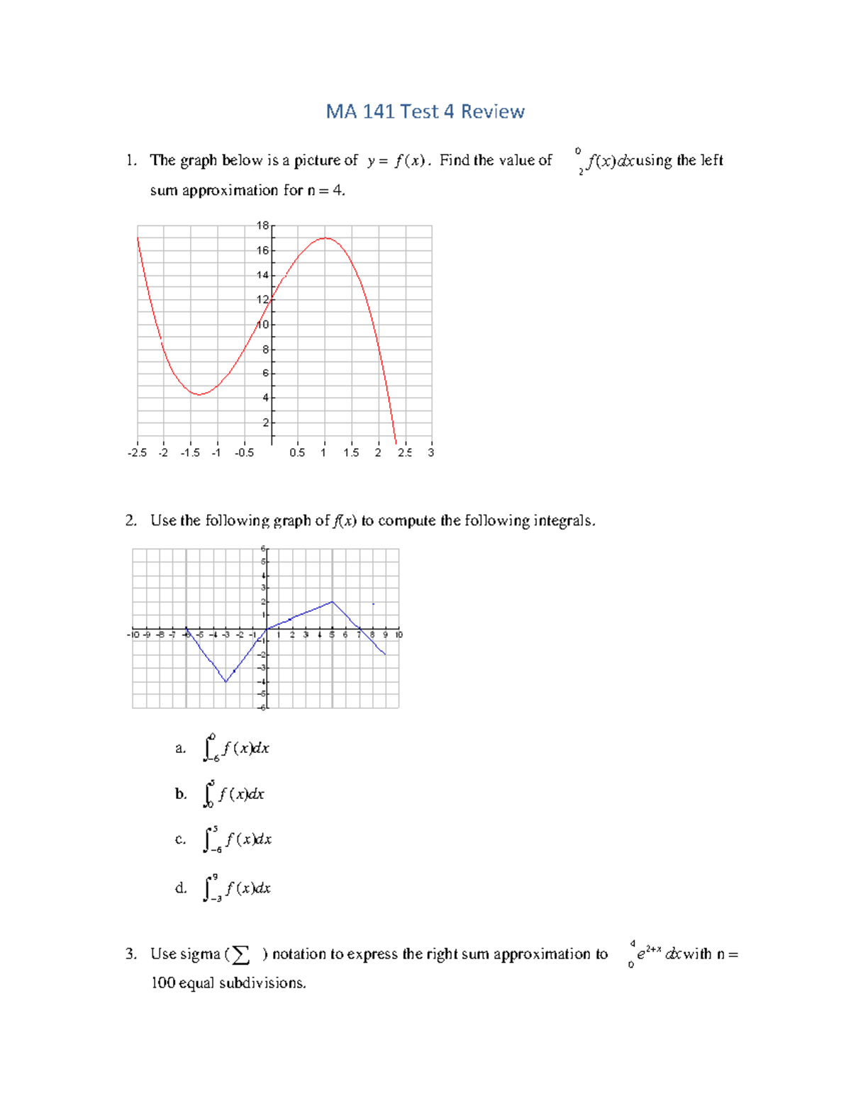 MA 141 Test 4 Review: Left Sum Approximation & Integrals - Studocu