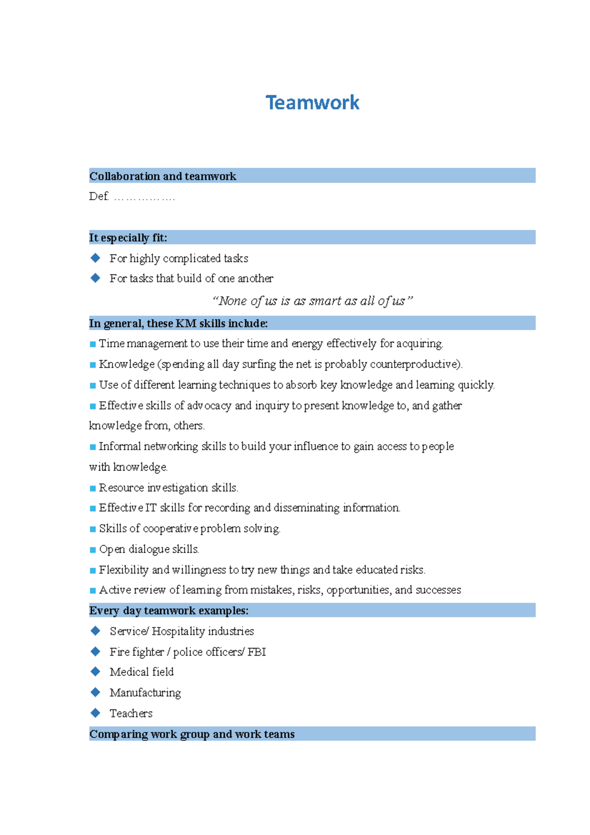 Teamwork - Lecture Notes 1: Skills, Growth Stages, and Roles - Studocu
