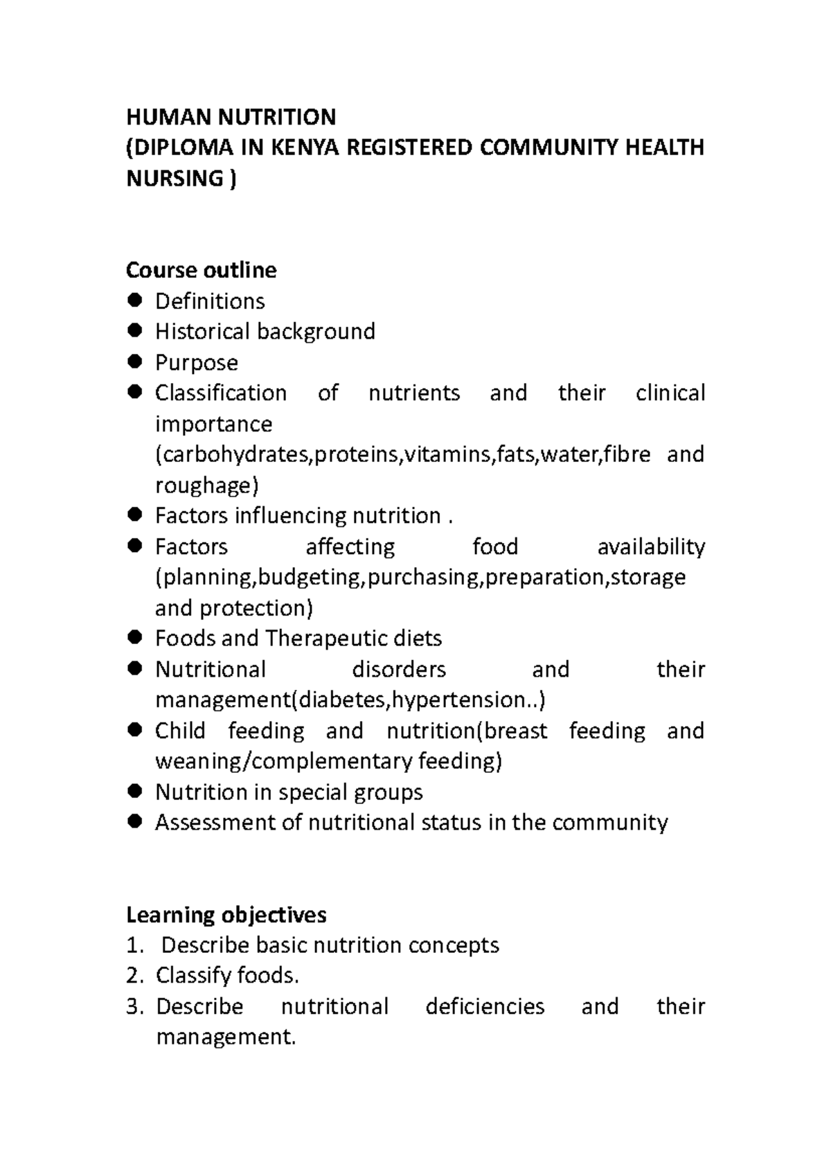 Human Nutrition in Community Health Nursing (Diploma Course) - Studocu