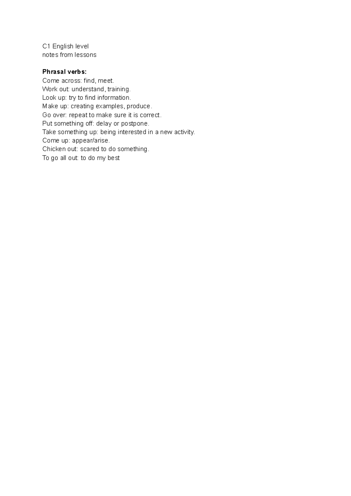 C1 English Level Notes: Vocabulary & Phrasal Verbs Overview - Studocu