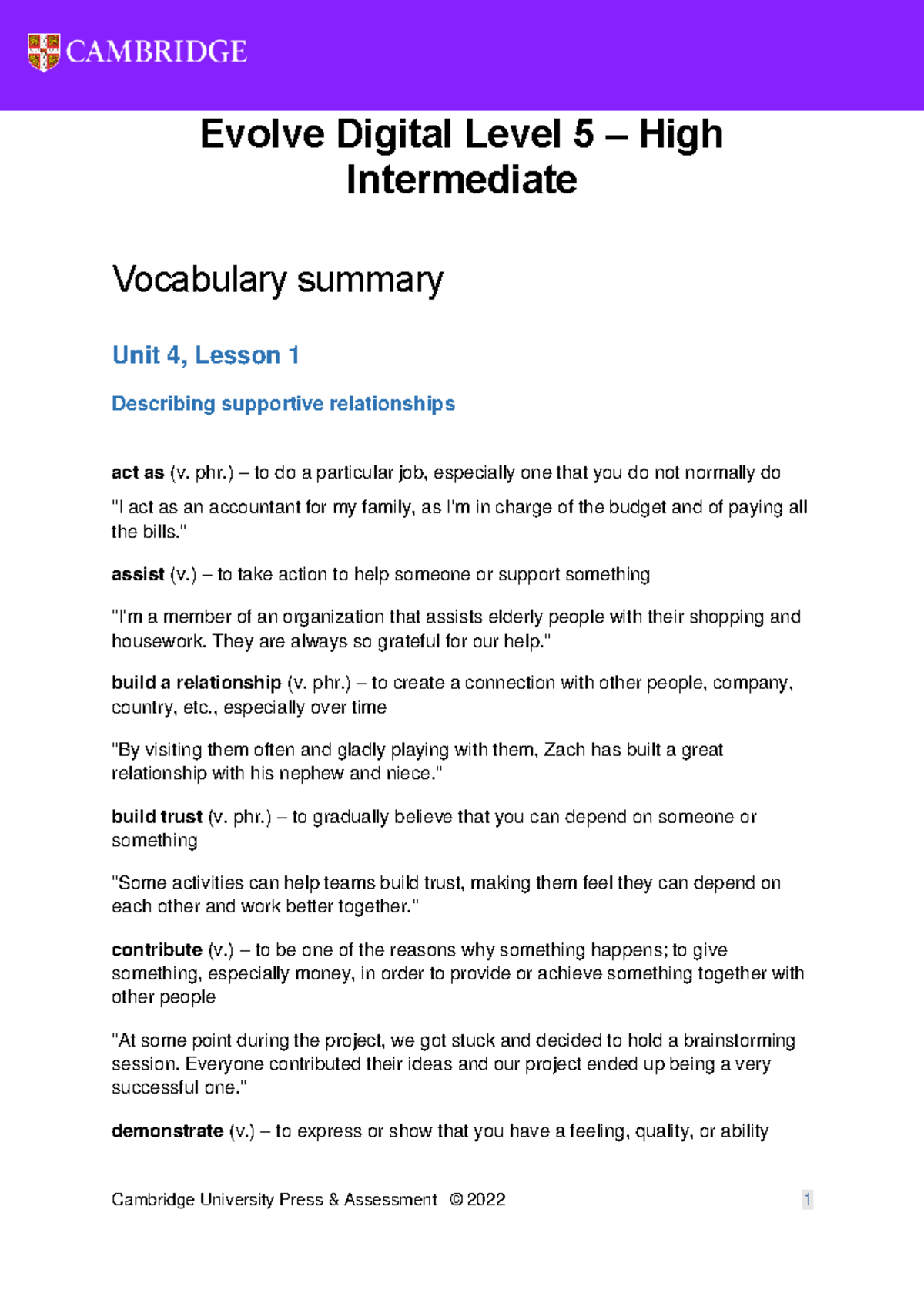 Evolve Digital Level 5 High Intermediate Vocabulary Summary: Unit 4 ...