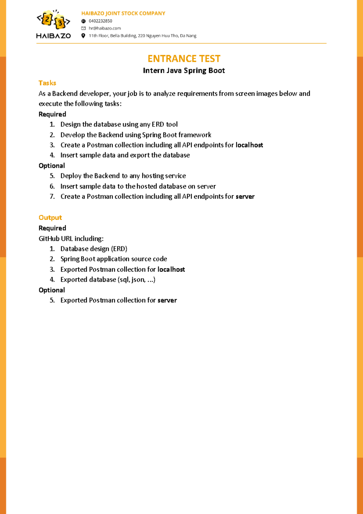 Haibazo Entrance Test: Spring Boot Intern Tasks and Requirements - Studocu