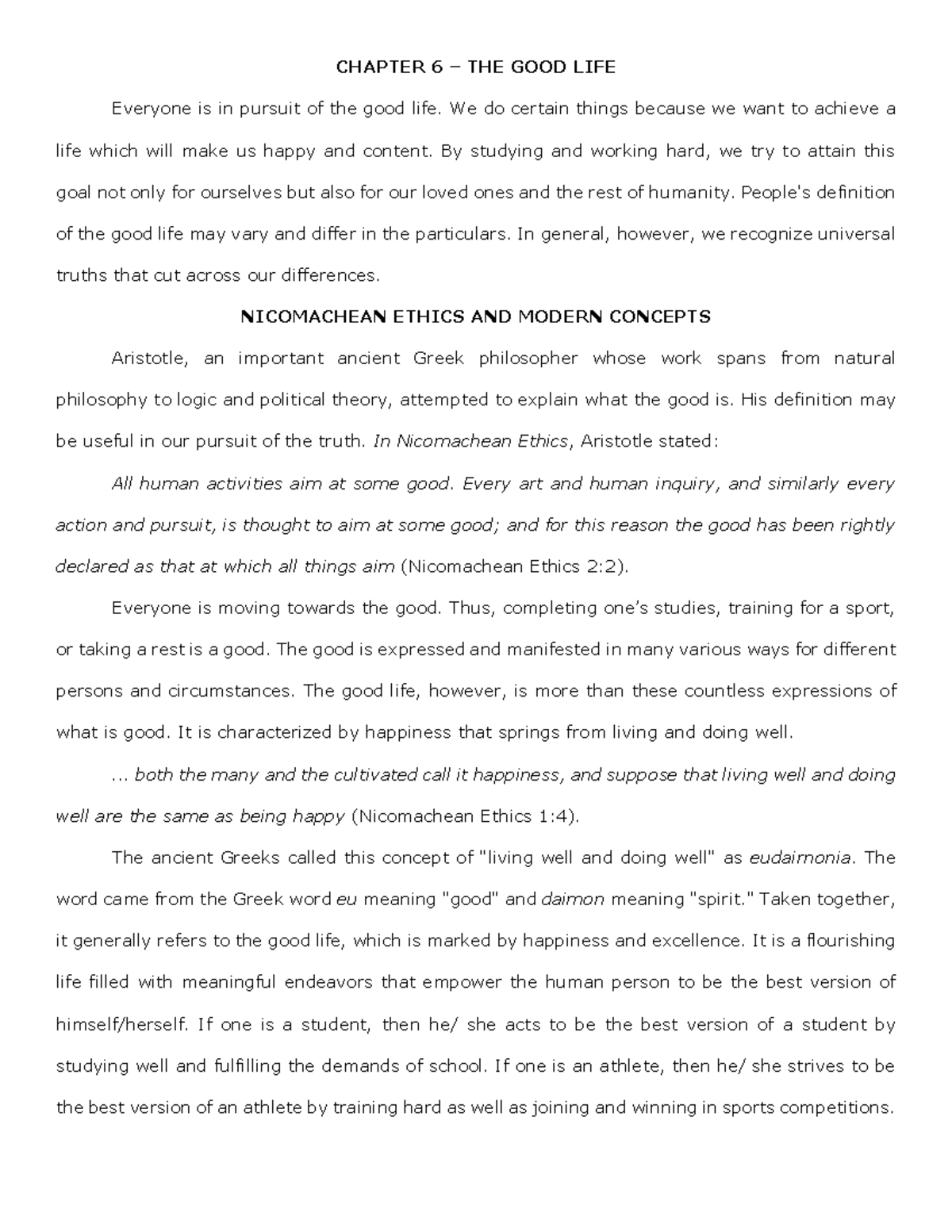 Chapter 6: Exploring the Meaning of the Good Life in Ethics - Studocu