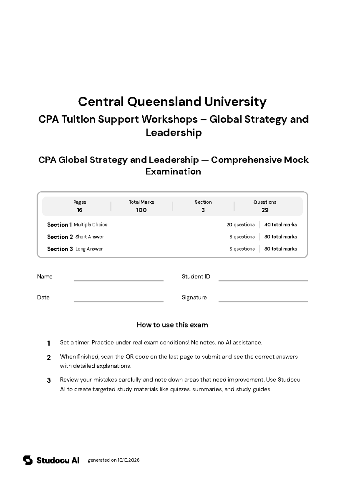 CPA Global Strategy and Leadership — Comprehensive Mock Exam - Studocu