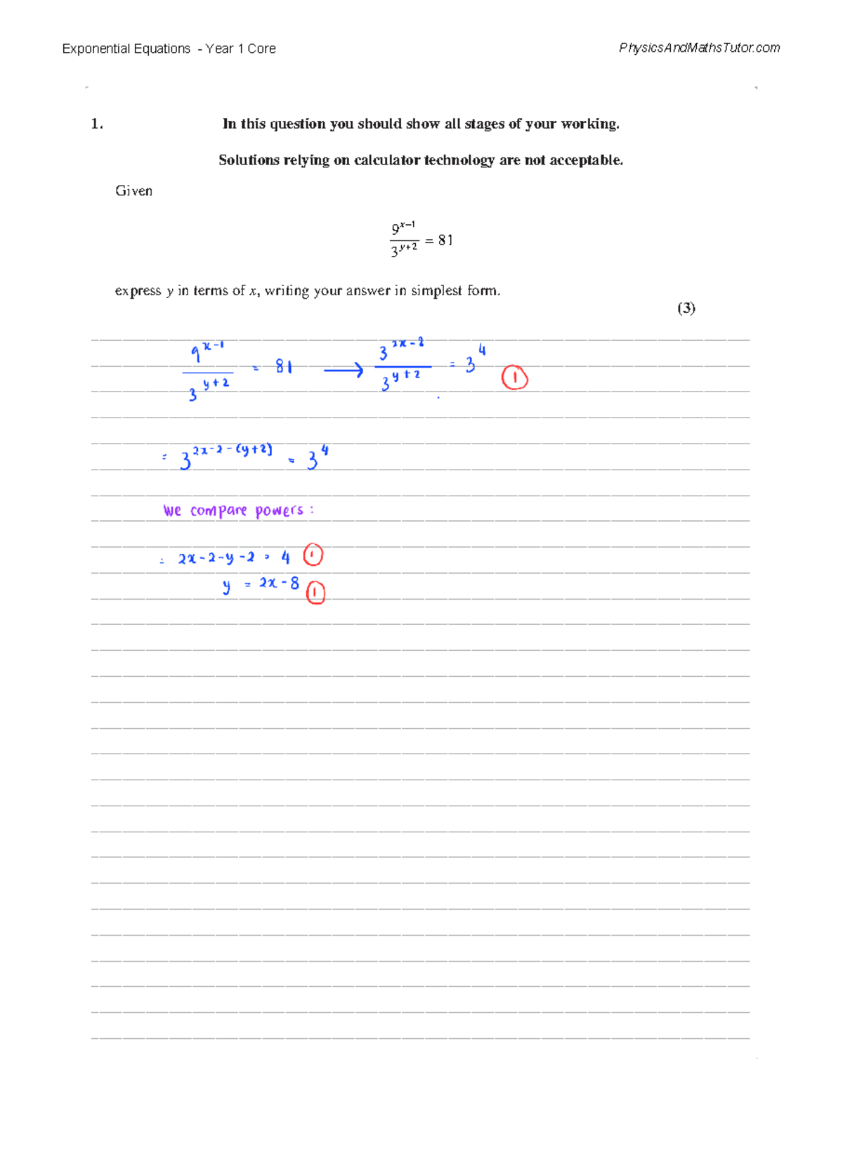 Exponential Equations Year 1 Core 1: Detailed Solutions and Models ...