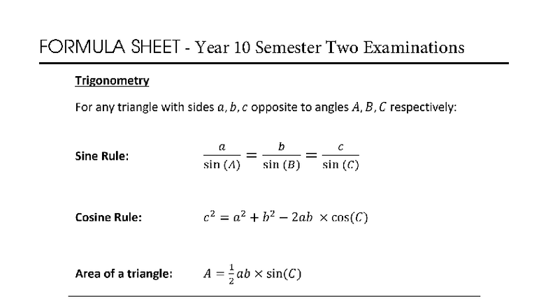 Year 10 Exam Formula Sheet: Perimeter & Area Formulas - Studocu