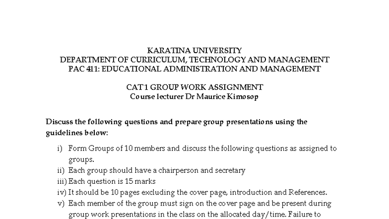 PAC 411: Educational Administration & Management CAT 1 Group Work ...