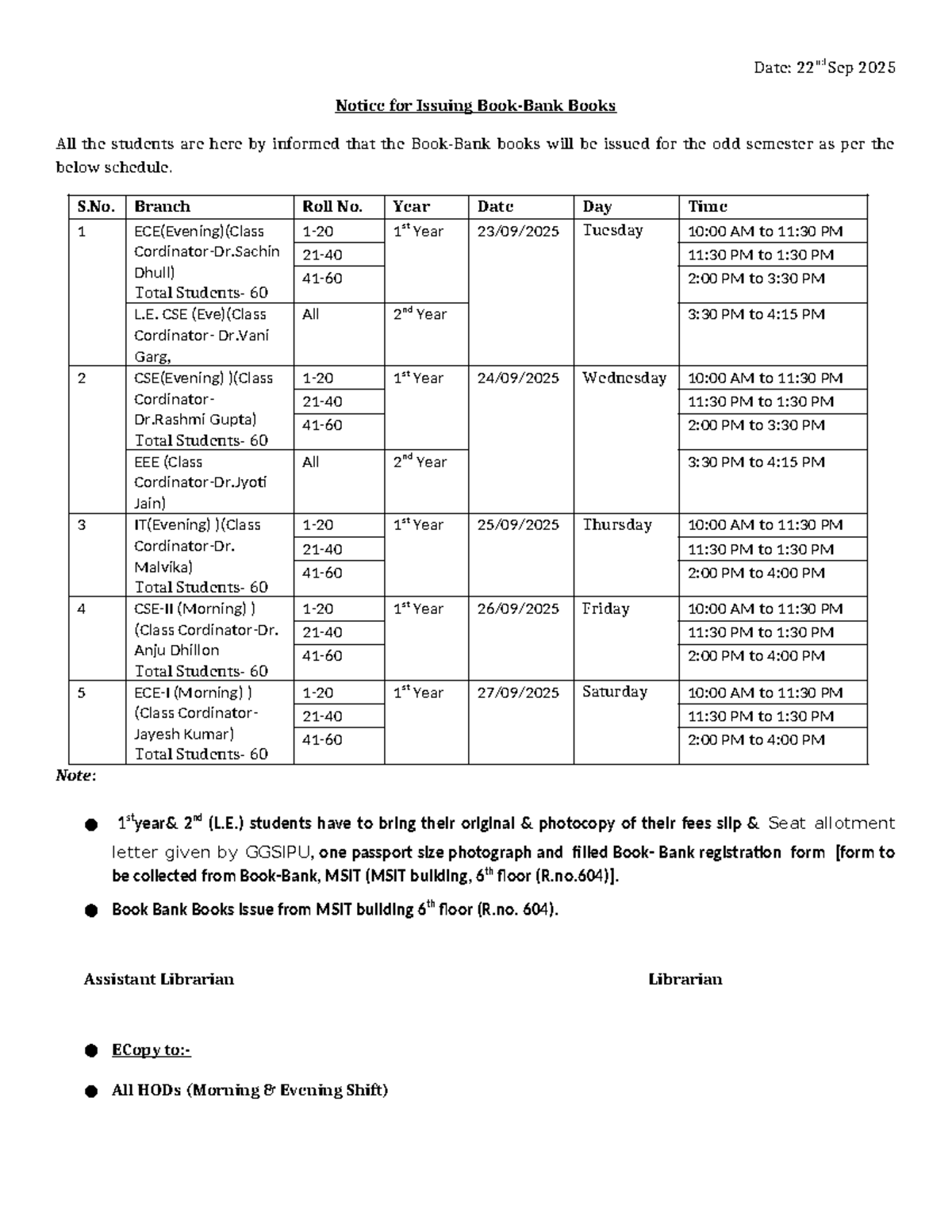 MSIT Book Bank Issue Schedule for 1st & 2nd Year (Sep 2025) - Studocu