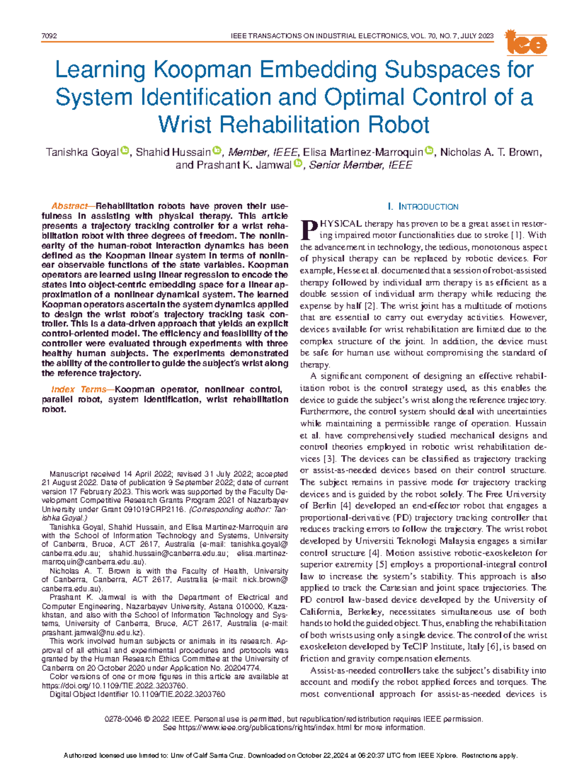Learning Koopman Operators for Optimal Control of Wrist Rehab Robot ...