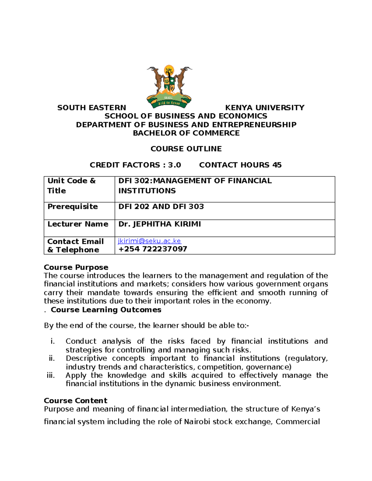 DFI 302 course outline - SOUTH EASTERN KENYA UNIVERSITY SCHOOL OF ...