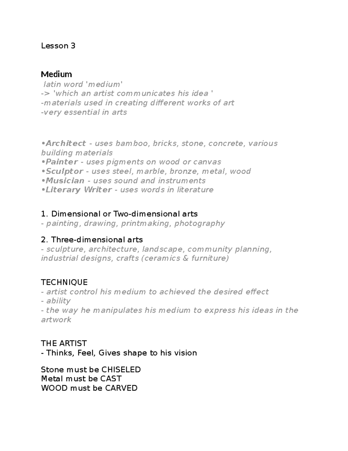 Lesson 3 - Art Mediums and Techniques in Creative Expression - Studocu