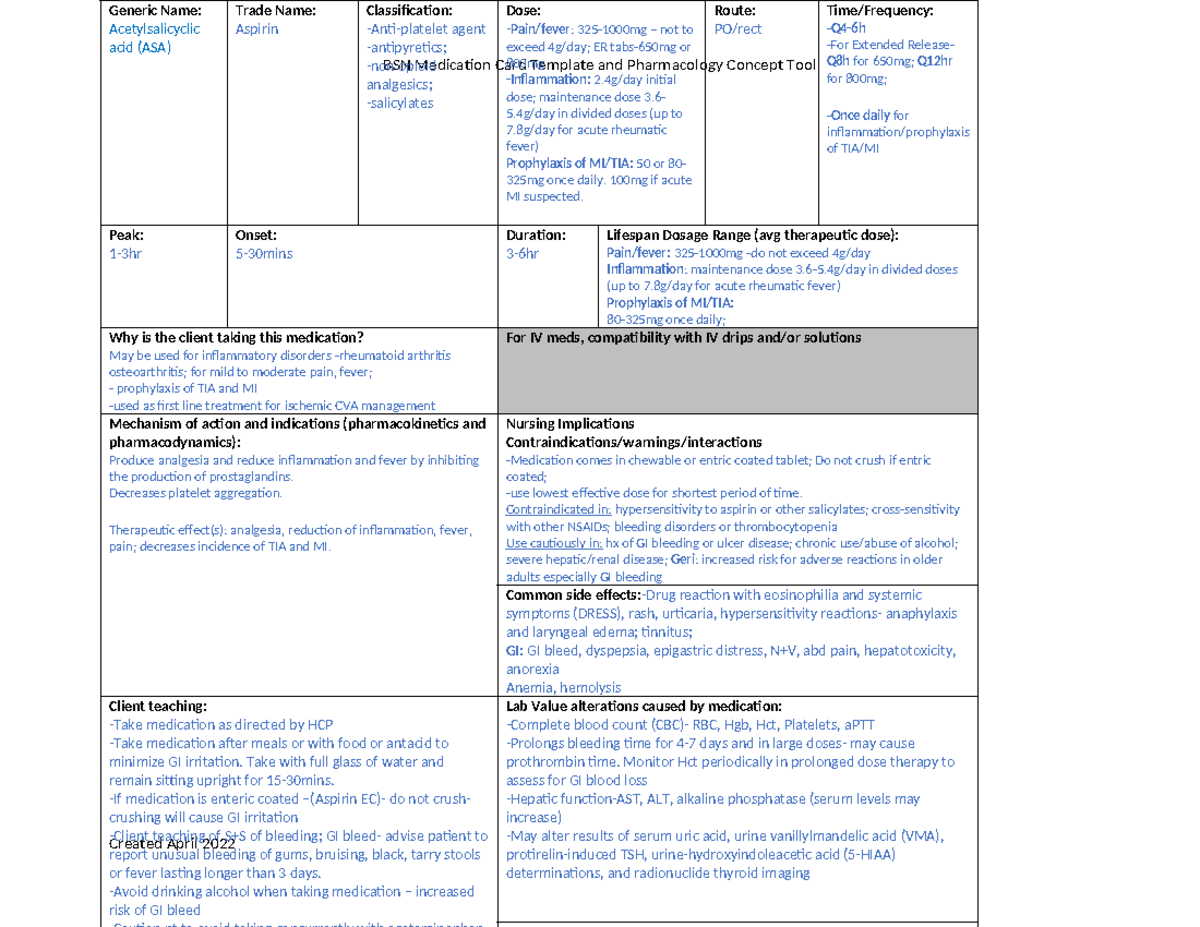 ASA - Medication Card for Acetylsalicylic Acid (Aspirin) - Studocu