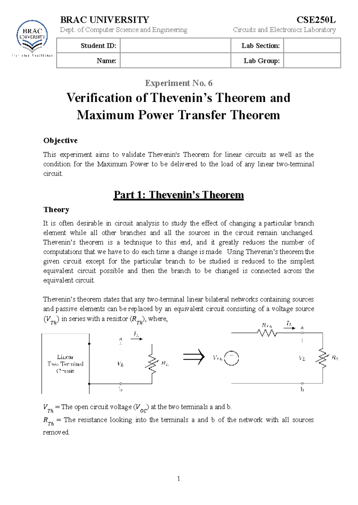 CSE250L Lab Experiment 6: Thevenin & Maximum Power Transfer - Studocu