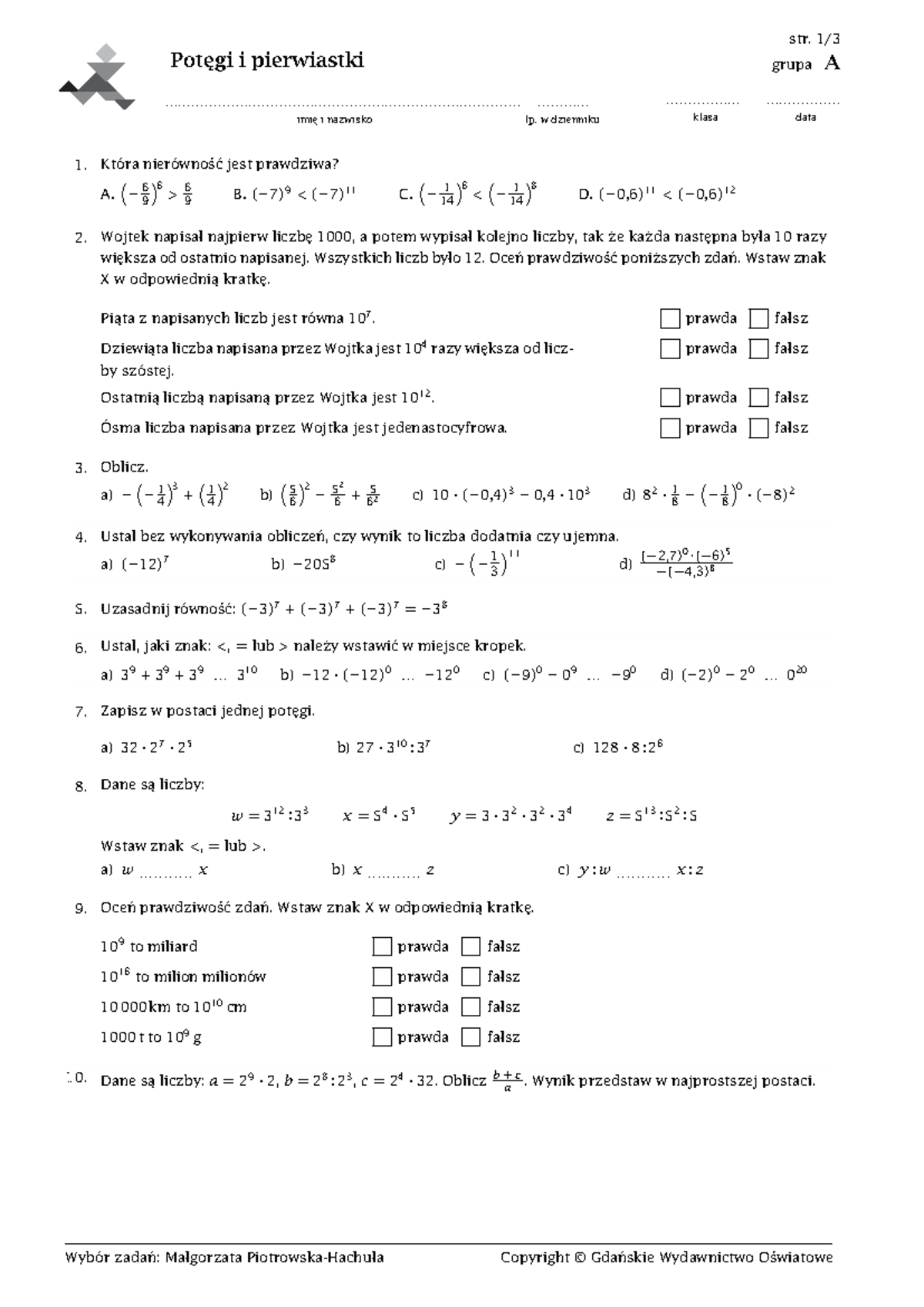 Potęgi I Pierwiastki Sprawdzian Kl 2 Gim www.studocu.com
