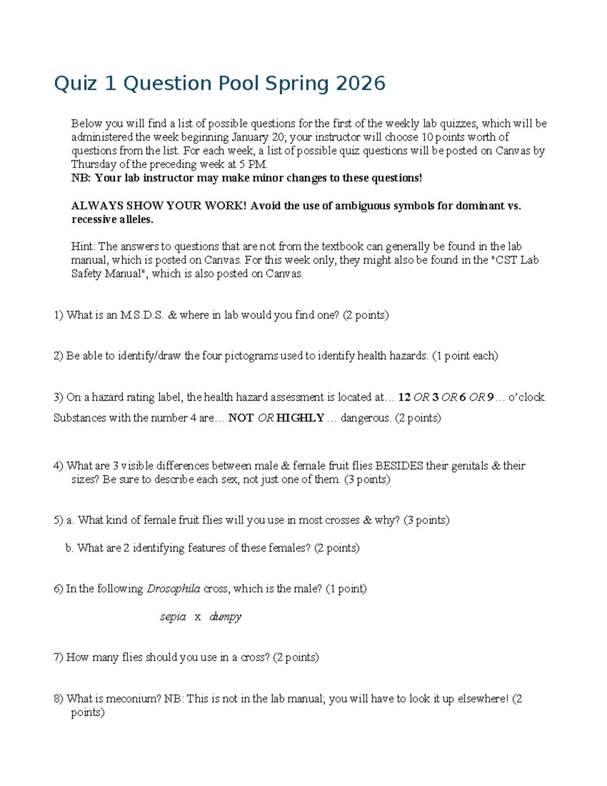 Quiz 1 Question Pool for Lab Spring 2026 - Studocu