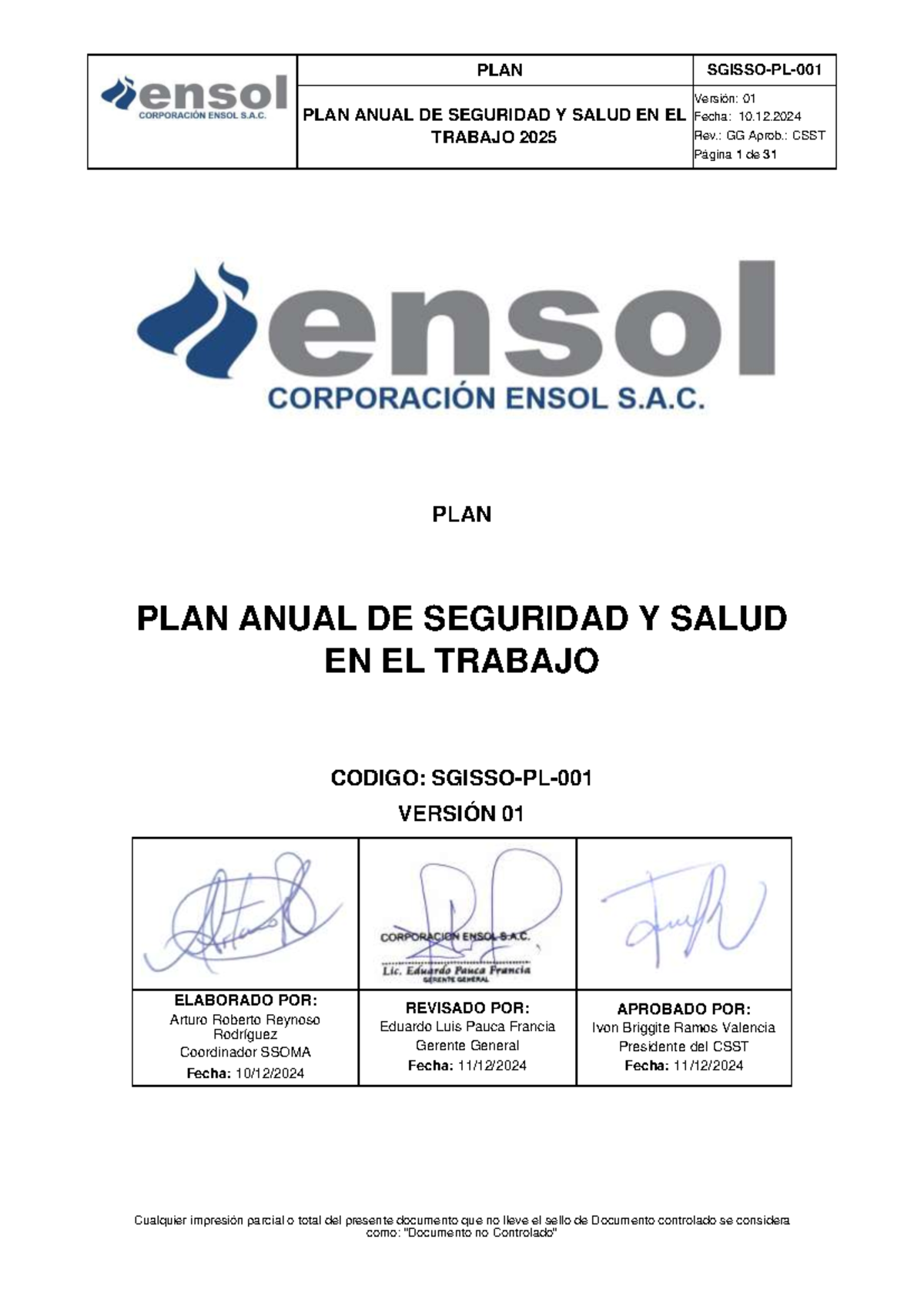 PLAN ANUAL DE SEGURIDAD Y SALUD EN EL TRABAJO 2025 - VERSIÓN 01 - Studocu