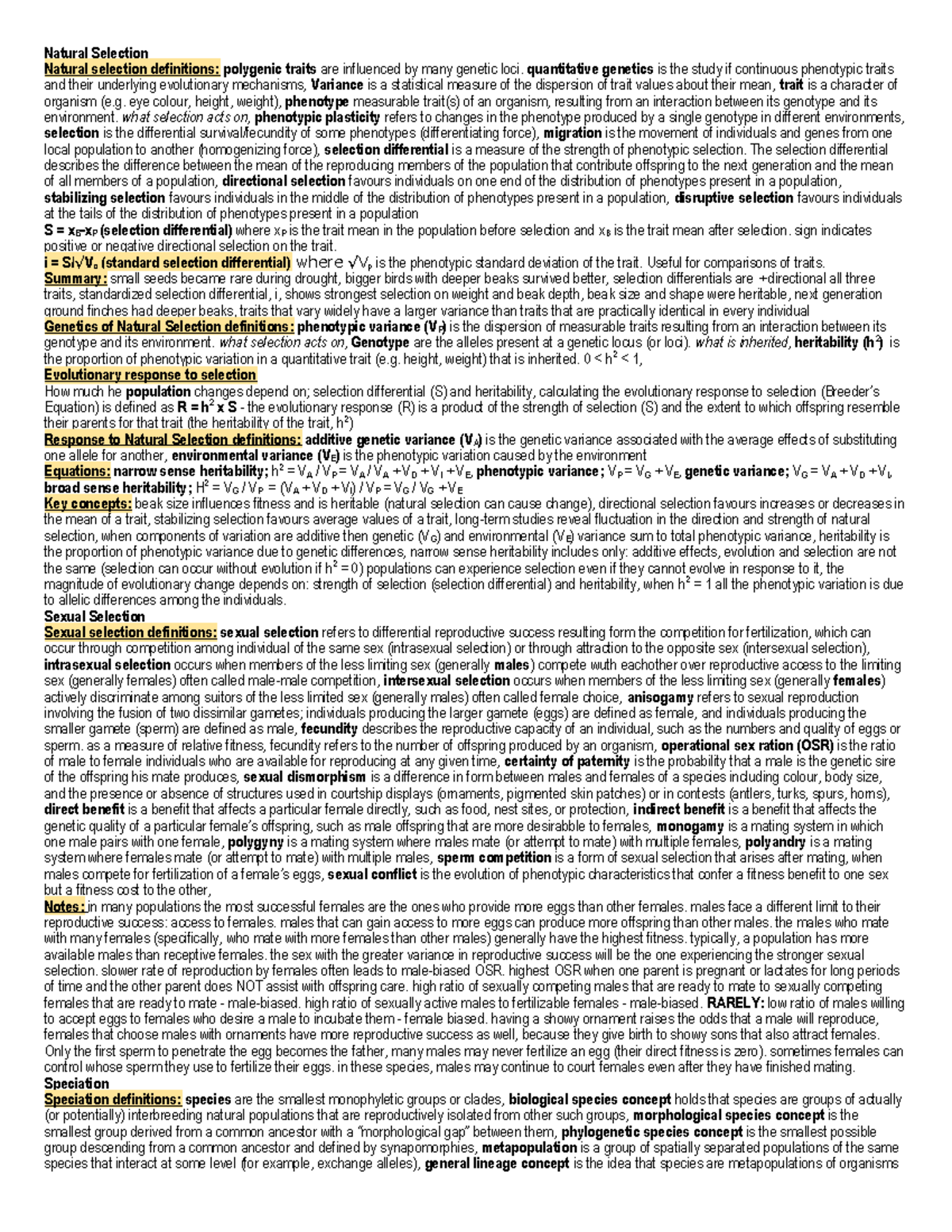 BIOL 2400 - Natural Selection Cheat Sheet #2 Notes - Studocu