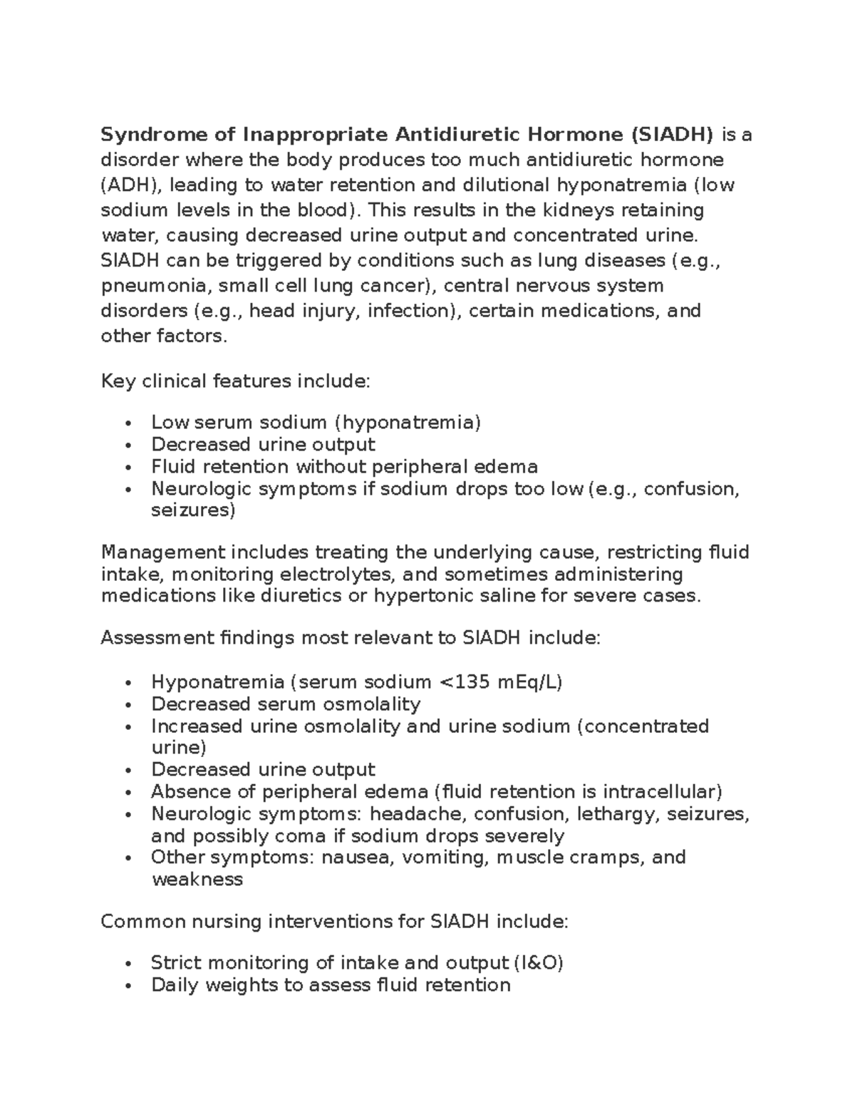 MED Surge 46: SIADH and Diabetes Insipidus Overview - Studocu