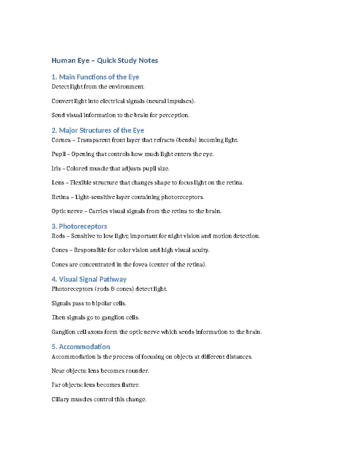 BIO101: Human Eye Quick Study Notes for Quick Review - Studocu