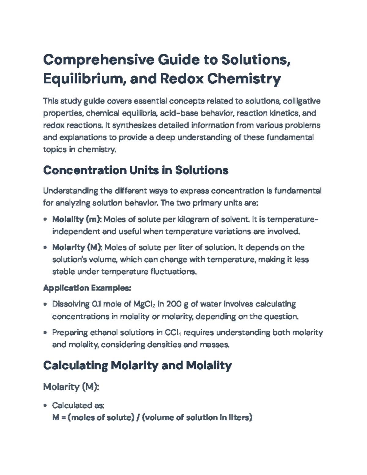 Chemistry Study Guide: Solutions, Equilibrium, Redox, & Kinetics - Studocu