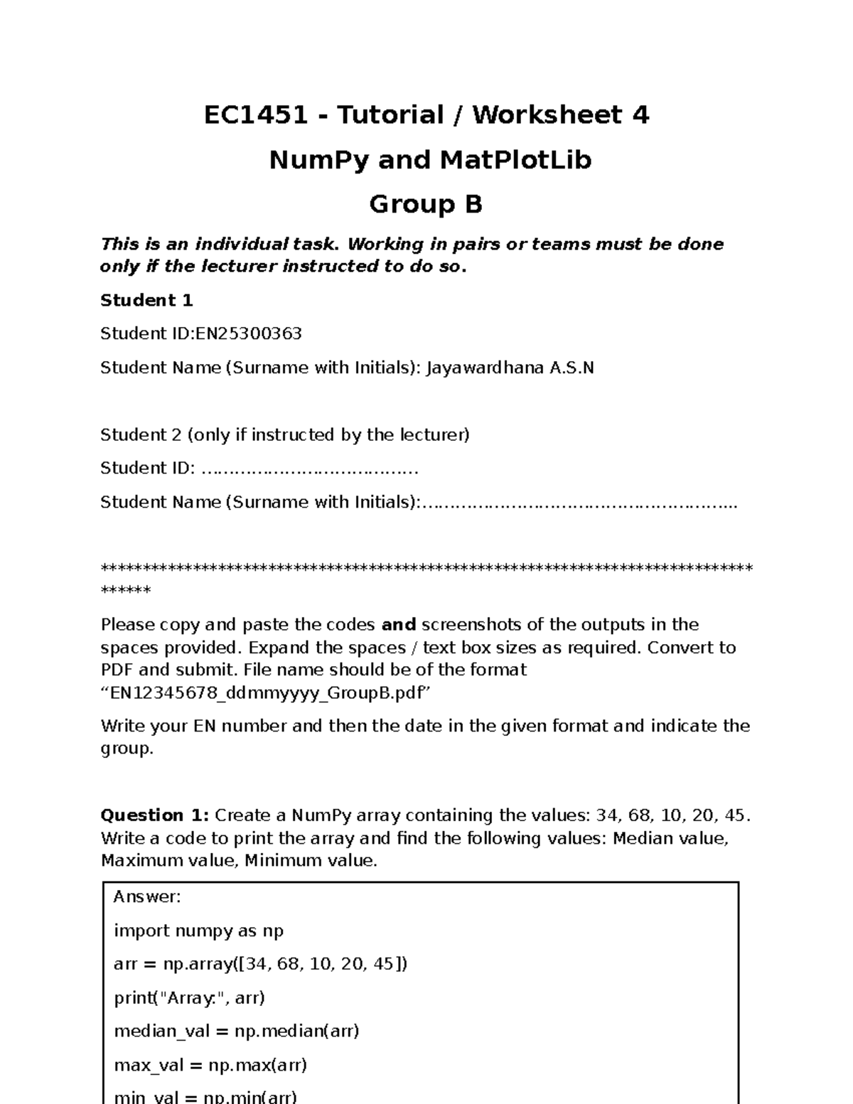 EC1451 Tutorial Worksheet 4: NumPy & MatPlotLib for Group B - Studocu